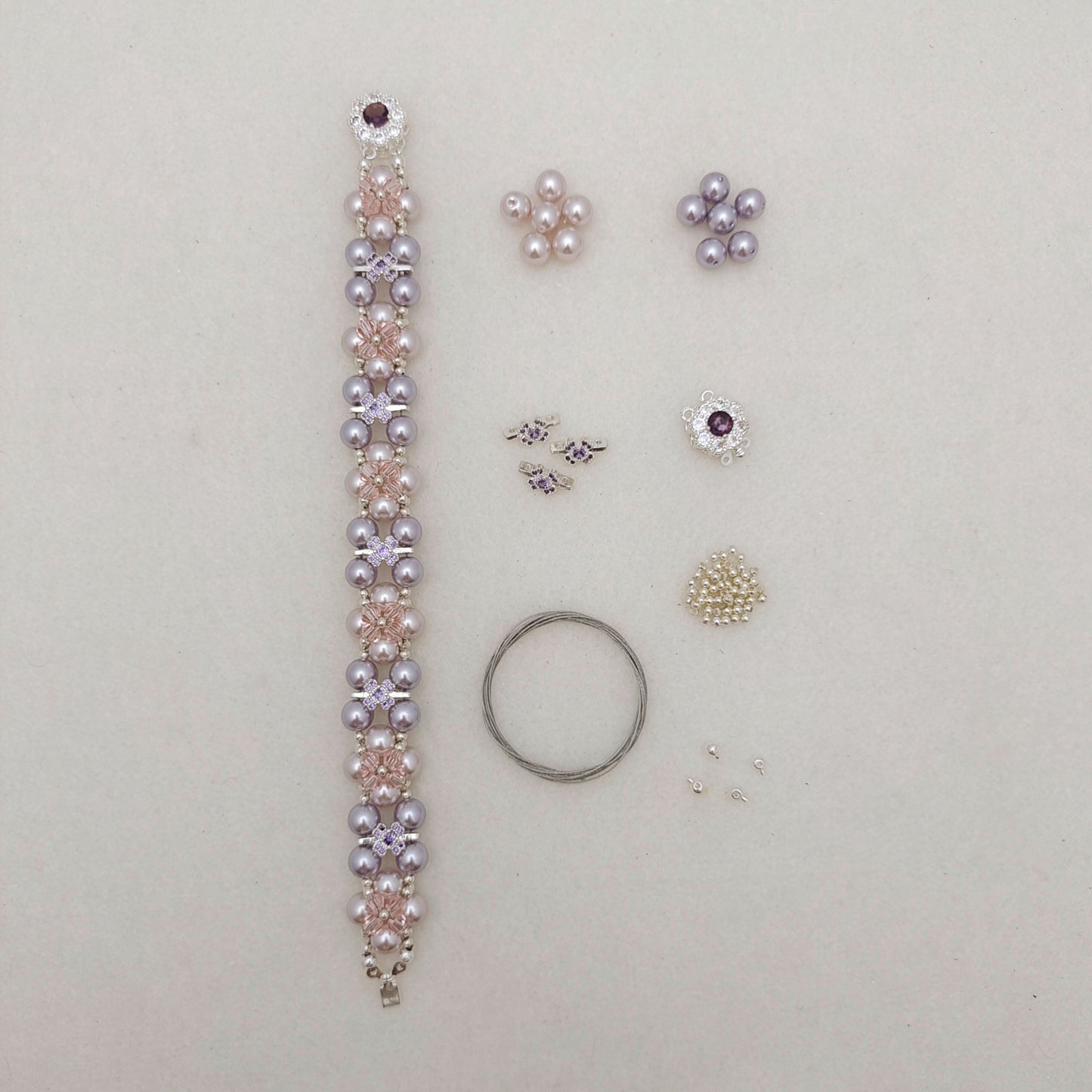 【No.128】DIY Bracelet Kit – Taro Milk Tea Design | Pearl, Diamond Beads & Zircon Clasp | Full Tutorial Included