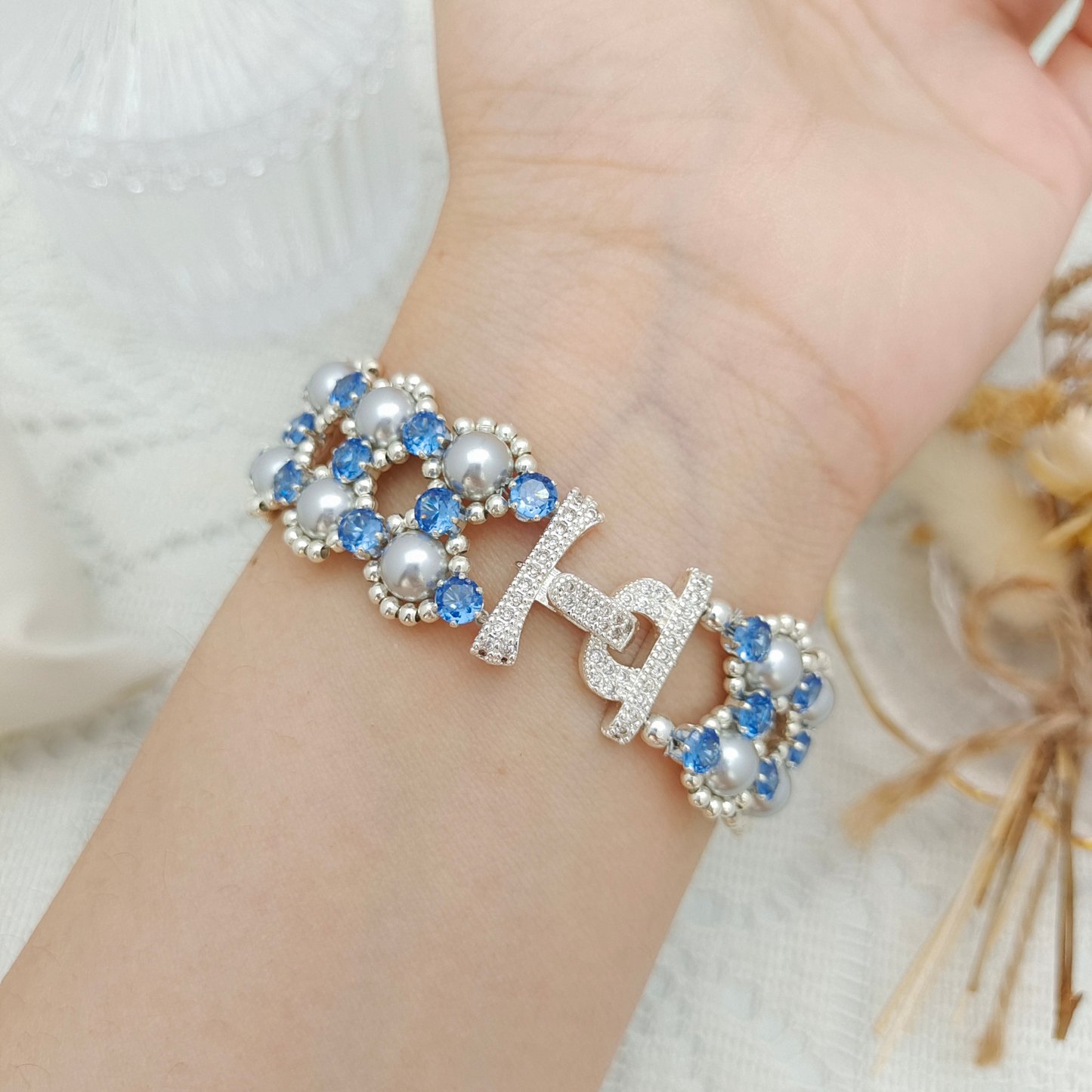 【No.98】DIY Kit – Fancy Blue Handmade Bracelet | Pearls & Cubic Zirconia | Crafting Kit | Full Tutorial