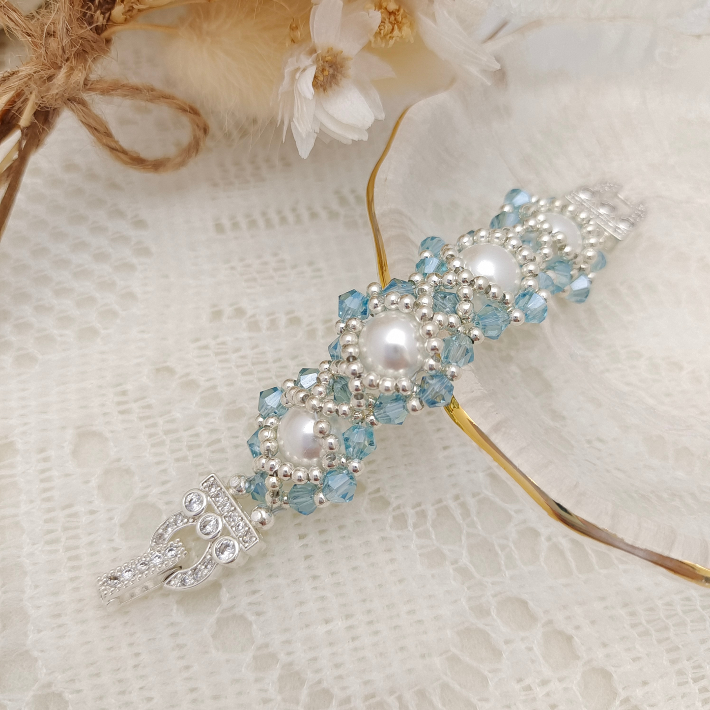 【No.85】 Handmade Bracelet – Summer Succulent with Pearls & Diamond Beads DIY Jewelry Craft Bracelet Gift for Her