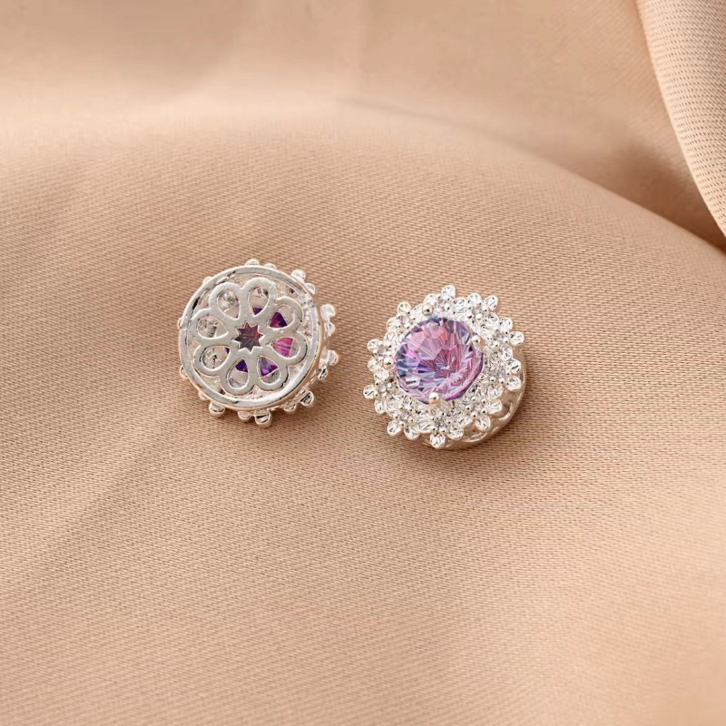【S04】1PCS 15mm Peach Blossom Firework-Cut CZ Multi-Hole Spacer Bead – Silver-Plated, High-Color-Fast, DIY Jewelry Connector