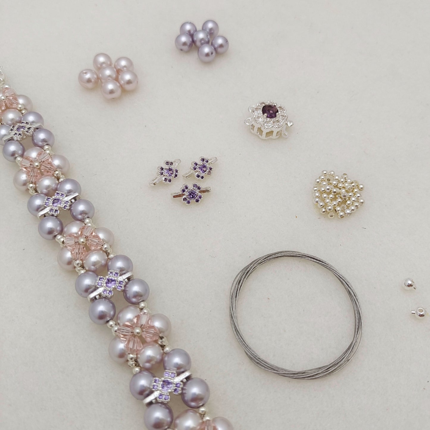 【No.128】DIY Bracelet Kit – Taro Milk Tea Design | Pearl, Diamond Beads & Zircon Clasp | Full Tutorial Included