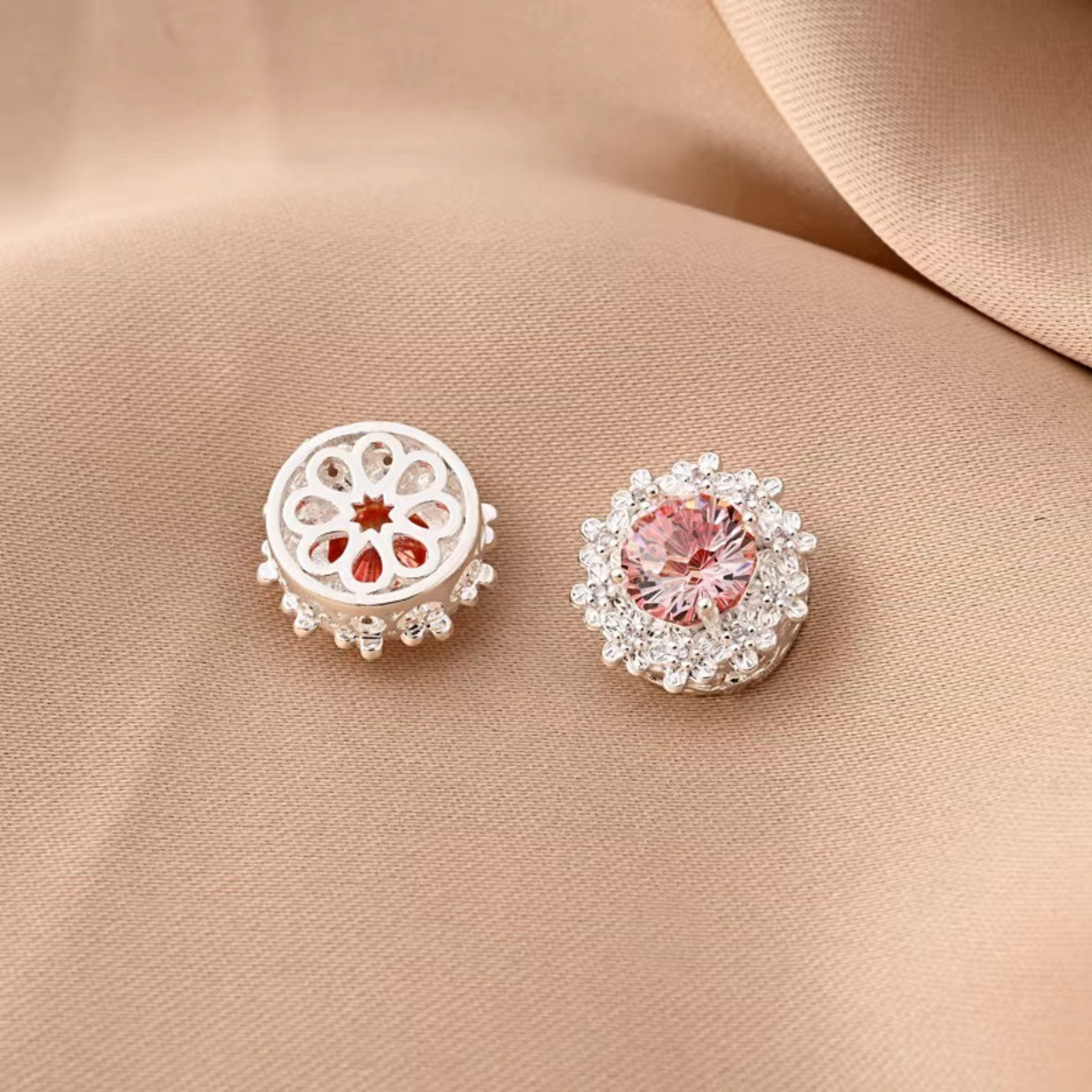 【S04】1PCS 15mm Peach Blossom Firework-Cut CZ Multi-Hole Spacer Bead – Silver-Plated, High-Color-Fast, DIY Jewelry Connector