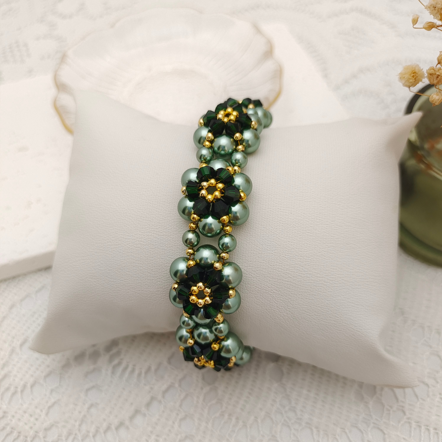 【No.80】 Handmade Bracelet – Sunflower Design with Pearls, Crystals & Teardrop CZ Clasp DIY Jewelry Gift for Her