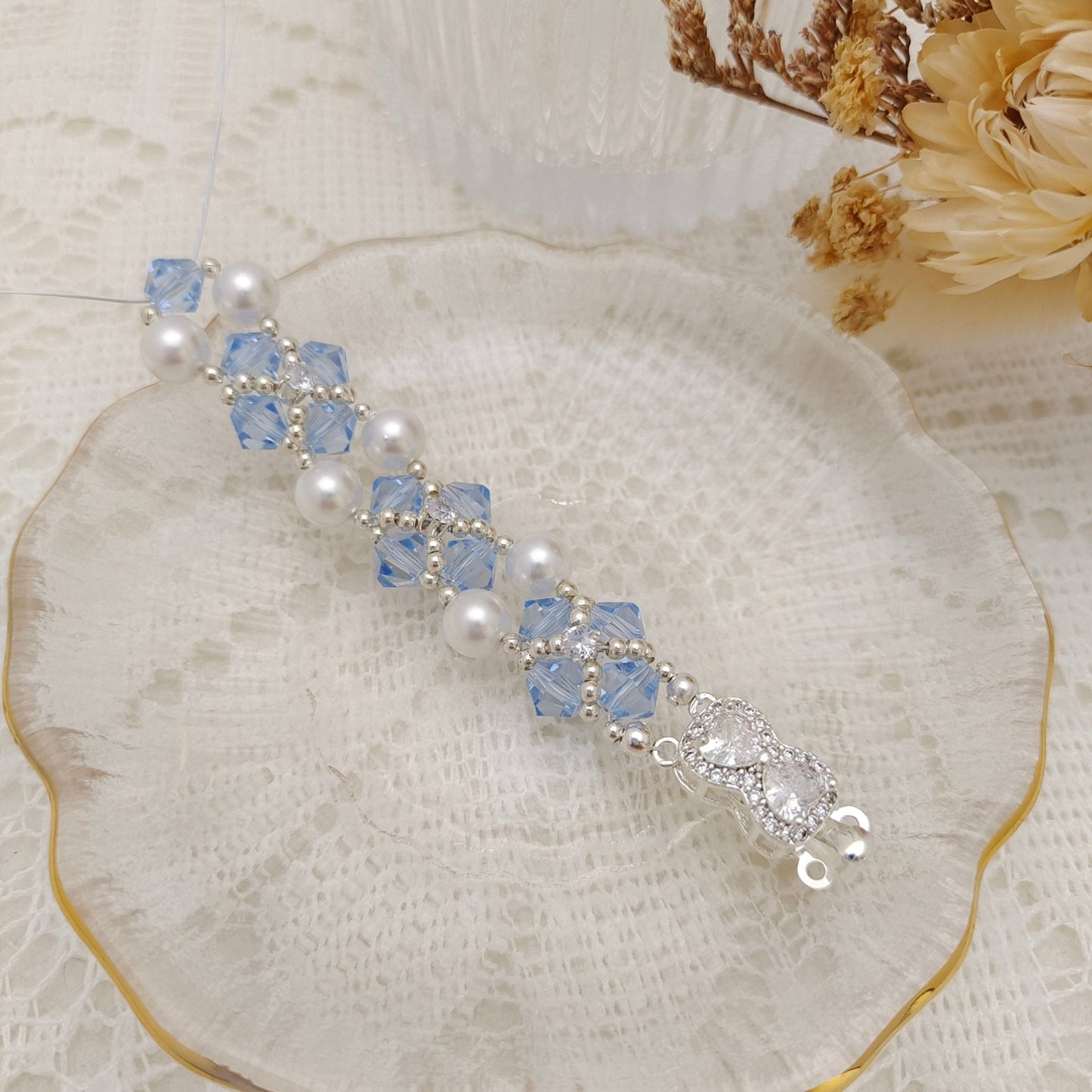 【No.126】DIY Bracelet Kit – Mary Design with Pearls, Diamond Beads & Bowknot Clasp | Complete Jewelry Tutorial iFCraftorium