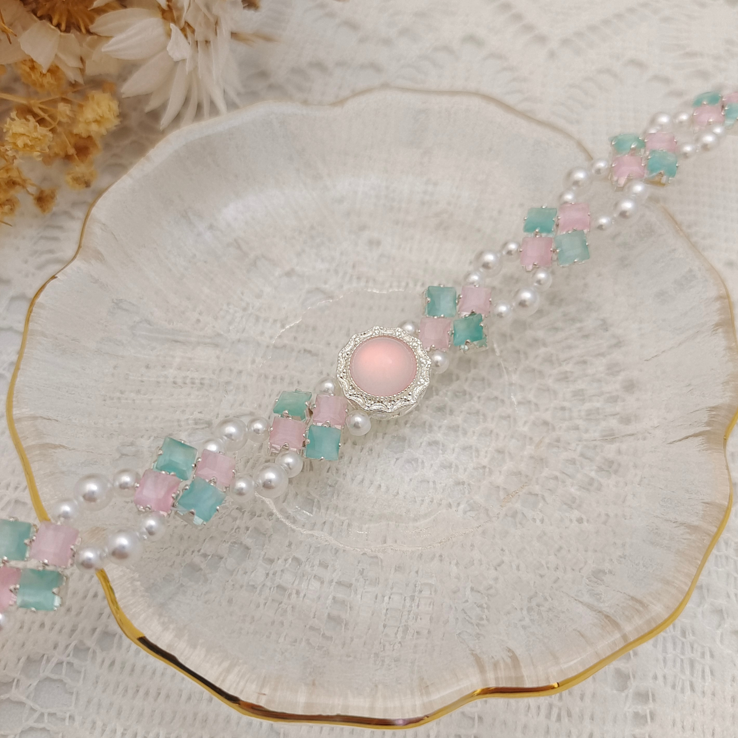 【No.61】 DIY Cat Eye Clover Double-Layer Handmade Bracelet Finished Piece | Elegant Pink & Blue Pearl Beaded Bracelet