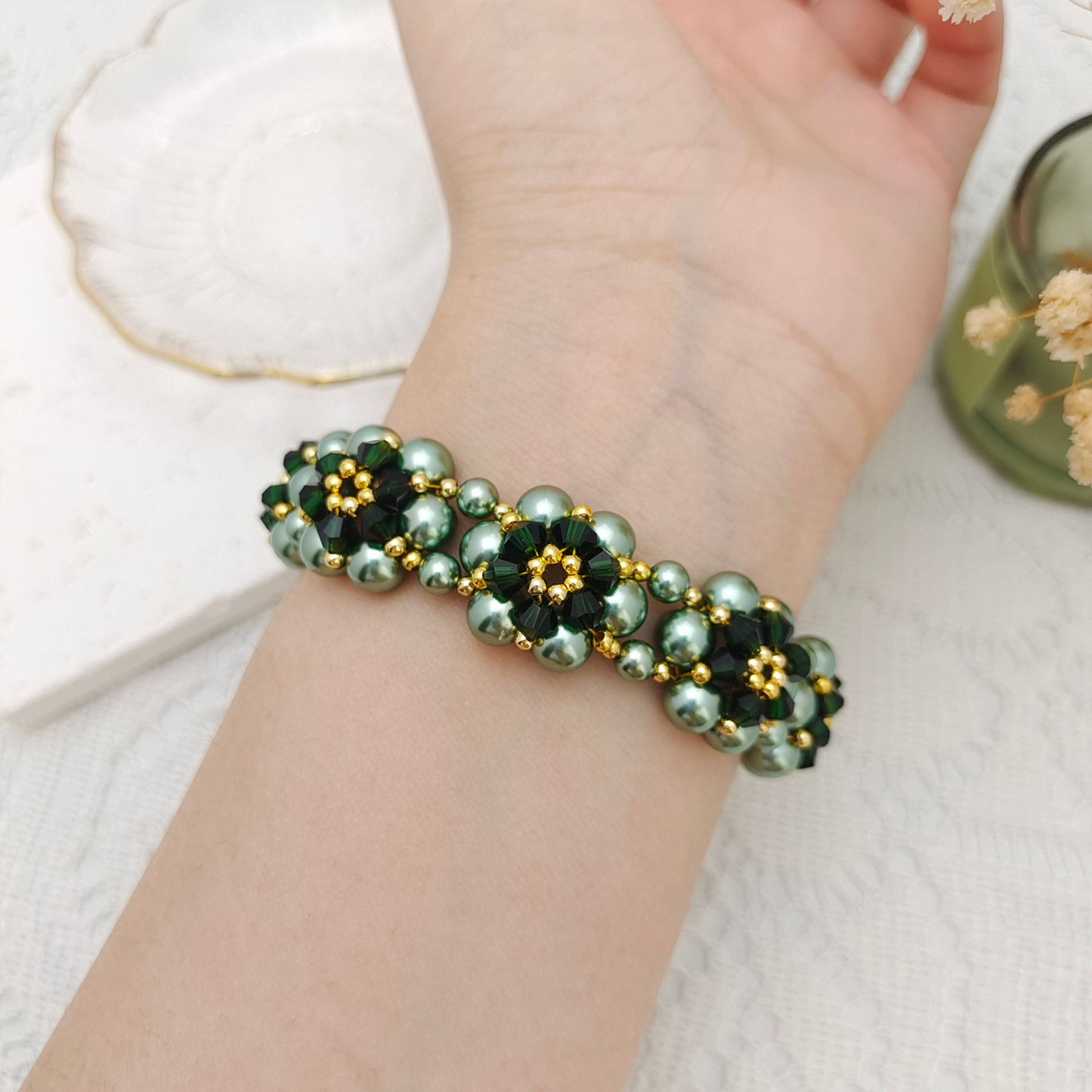 【No.80】 Handmade Bracelet – Sunflower Design with Pearls, Crystals & Teardrop CZ Clasp DIY Jewelry Gift for Her iFCraftorium