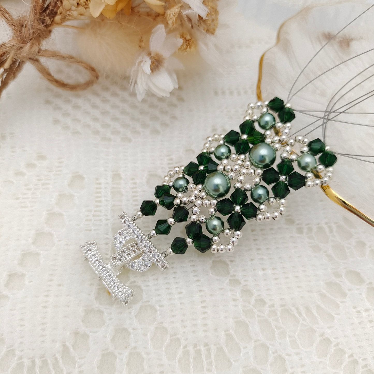 【No.83】 Handmade Bracelet – French Lace Triple-Strand Design with Pearls & Diamond Crystal Beads DIY Jewelry iFCraftorium