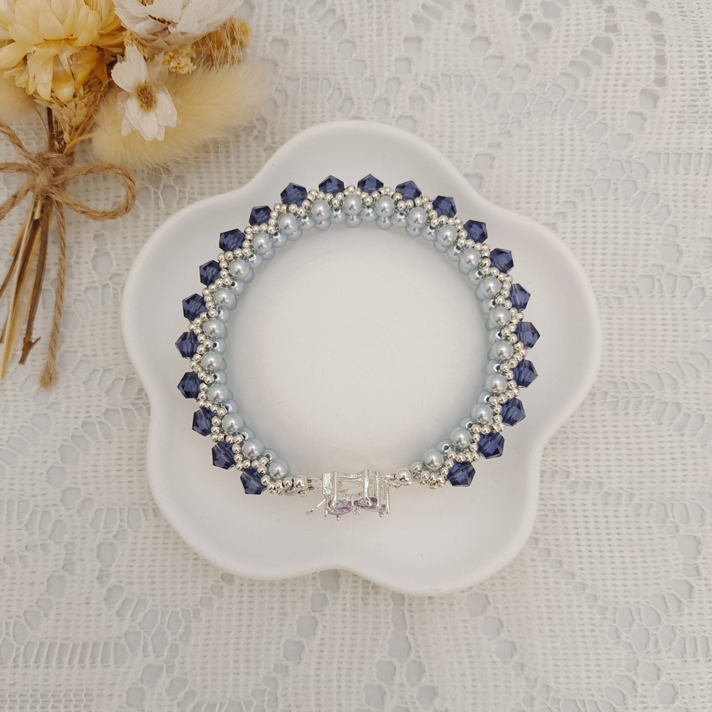 【No.91】Lotus Lilac Handmade Bracelet | Lavender Crystal & Blue Pearl Double-Strand Bracelet