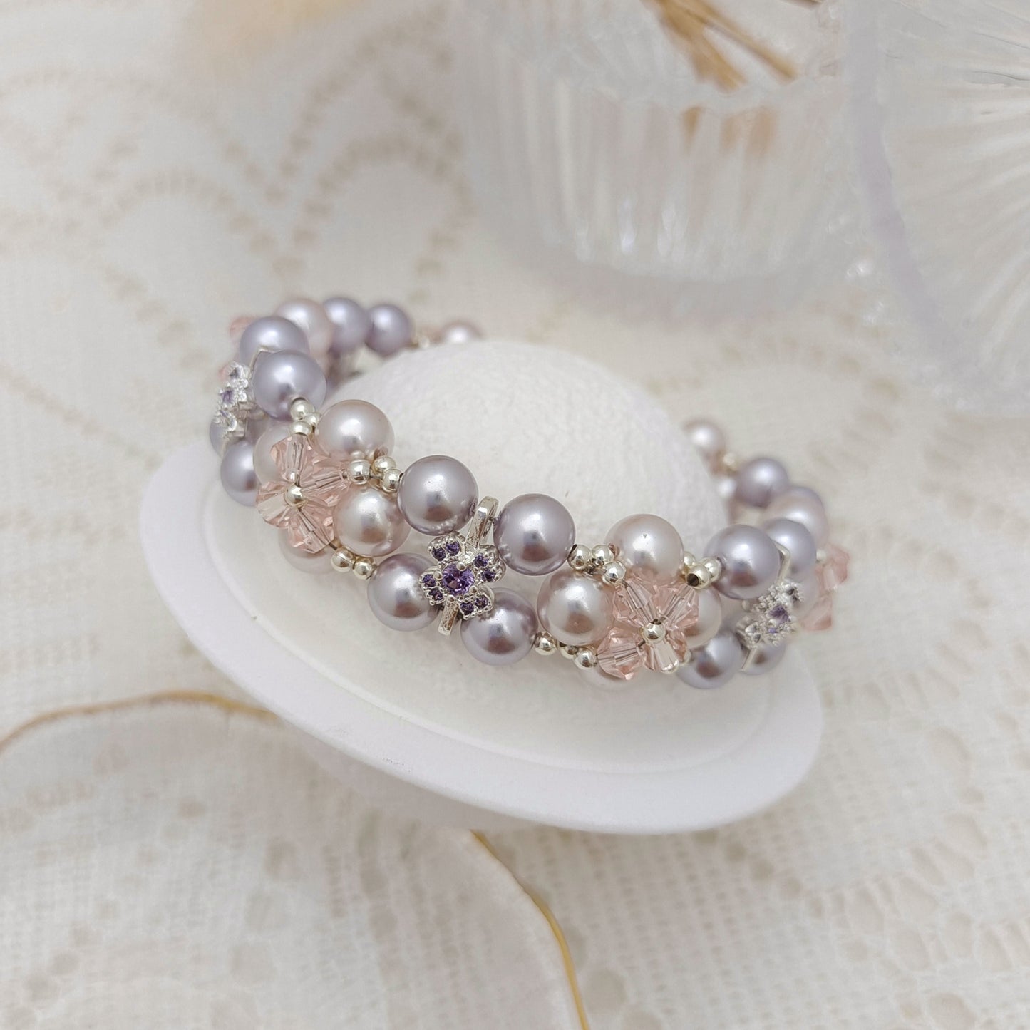 【No.128】DIY Bracelet Kit – Taro Milk Tea Design | Pearl, Diamond Beads & Zircon Clasp | Full Tutorial Included