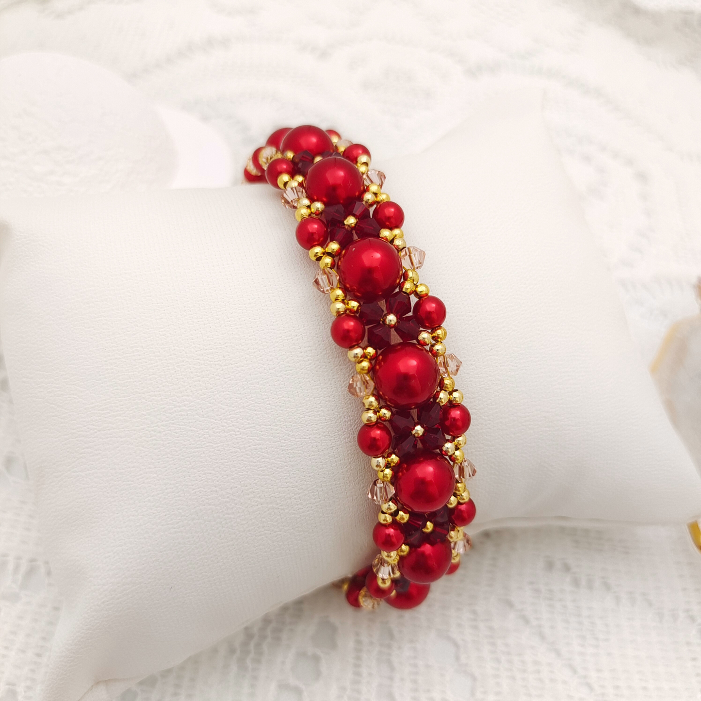 【No.101】Handmade Bracelet – “Passion” Red & Pink Crystal with Pearls | Elegant DIY Jewelry Design