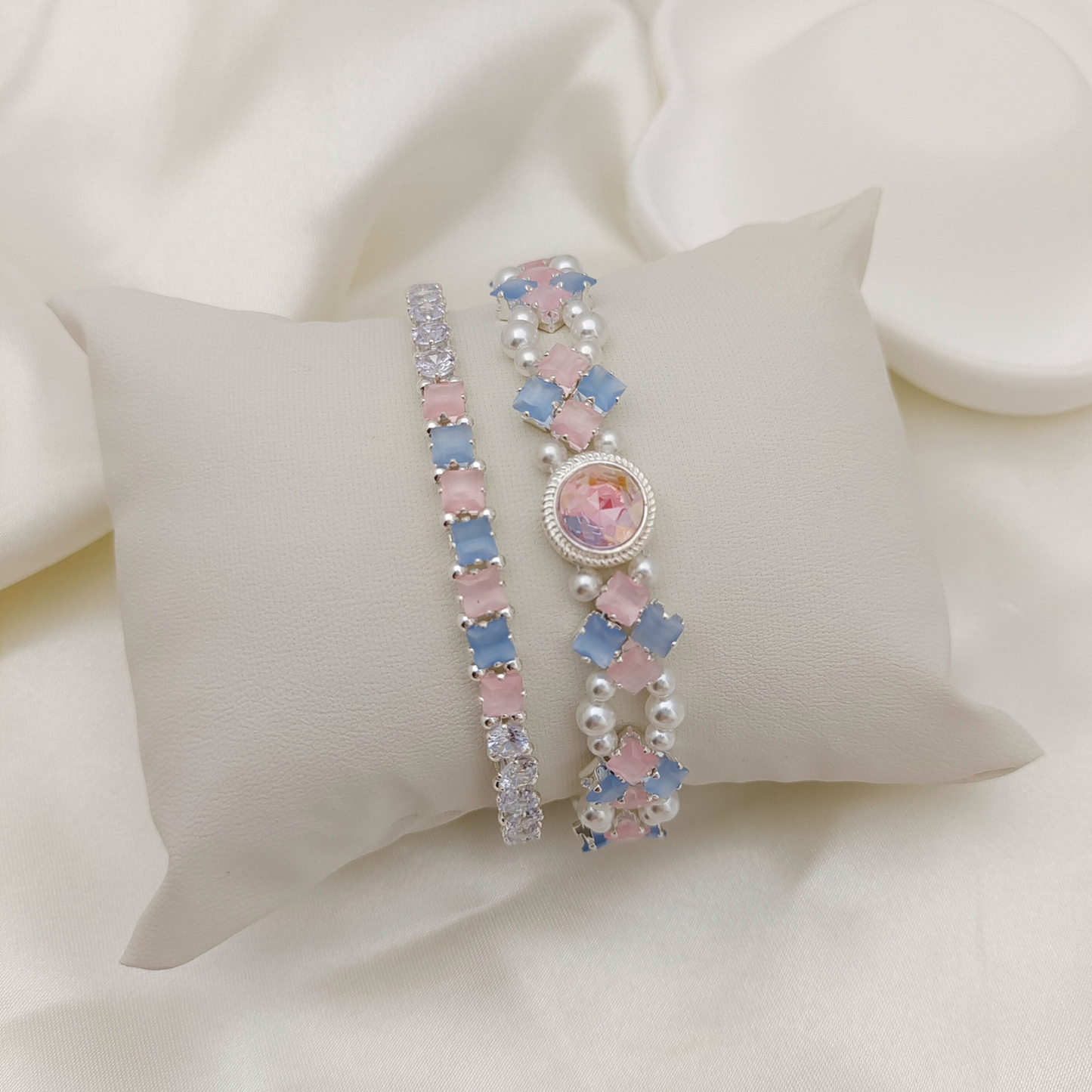 【No.61】 Cat Eye Clover Double-Layer DIY Bracelet Craft Kit | Pearl & Zircon Beading Set with Full Tutorial Handmade Jewelry