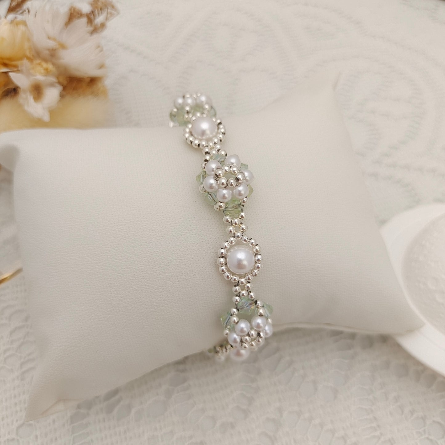 【No.105】Handmade Bracelet – Mini Sunflower | Pearls, Diamond Beads & Clover Clasp