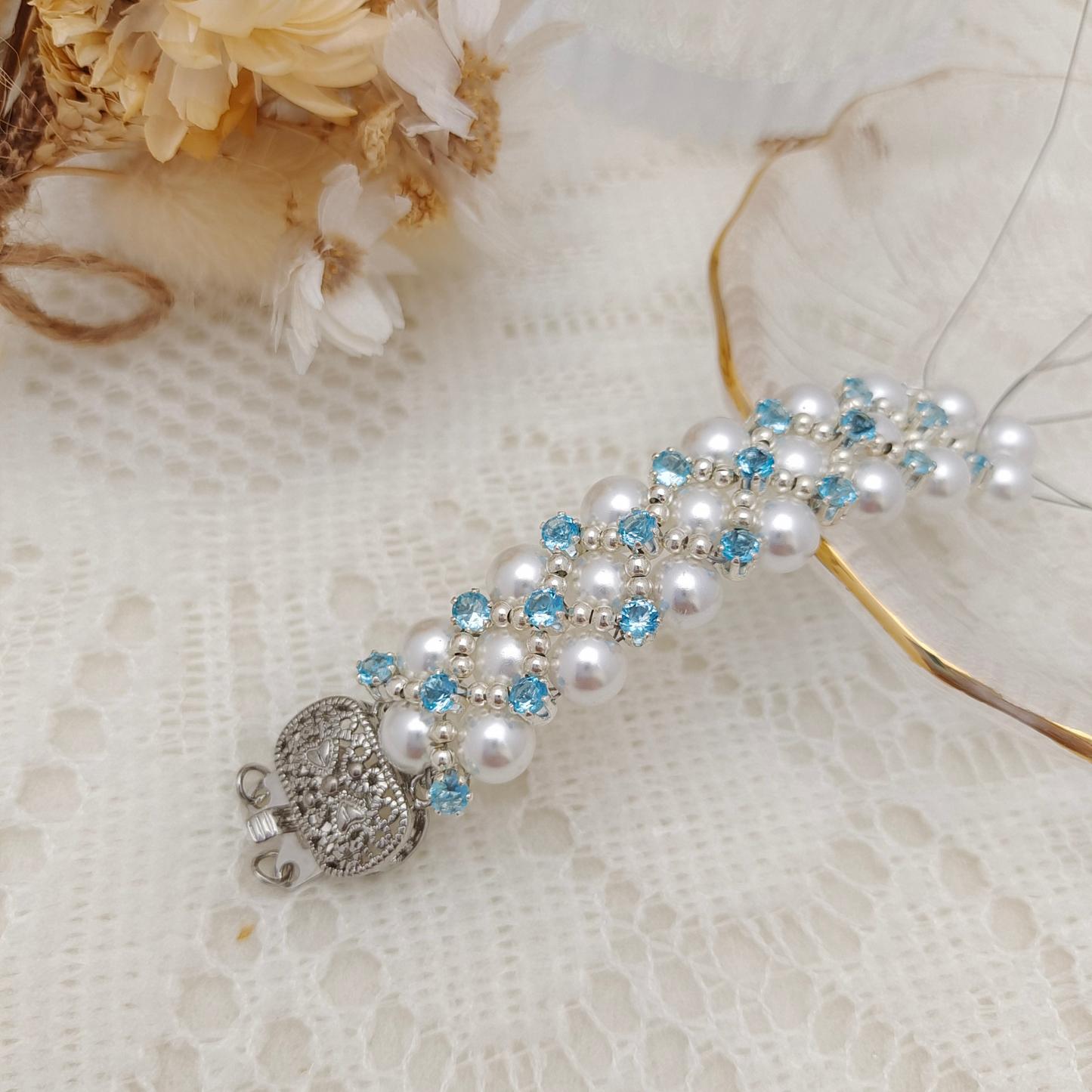 【No.45】 DIY Bracelet Craft Kit – Blue Phantom Beaded Design with Pearls & Sapphire Crystals Beading Set iFCraftorium