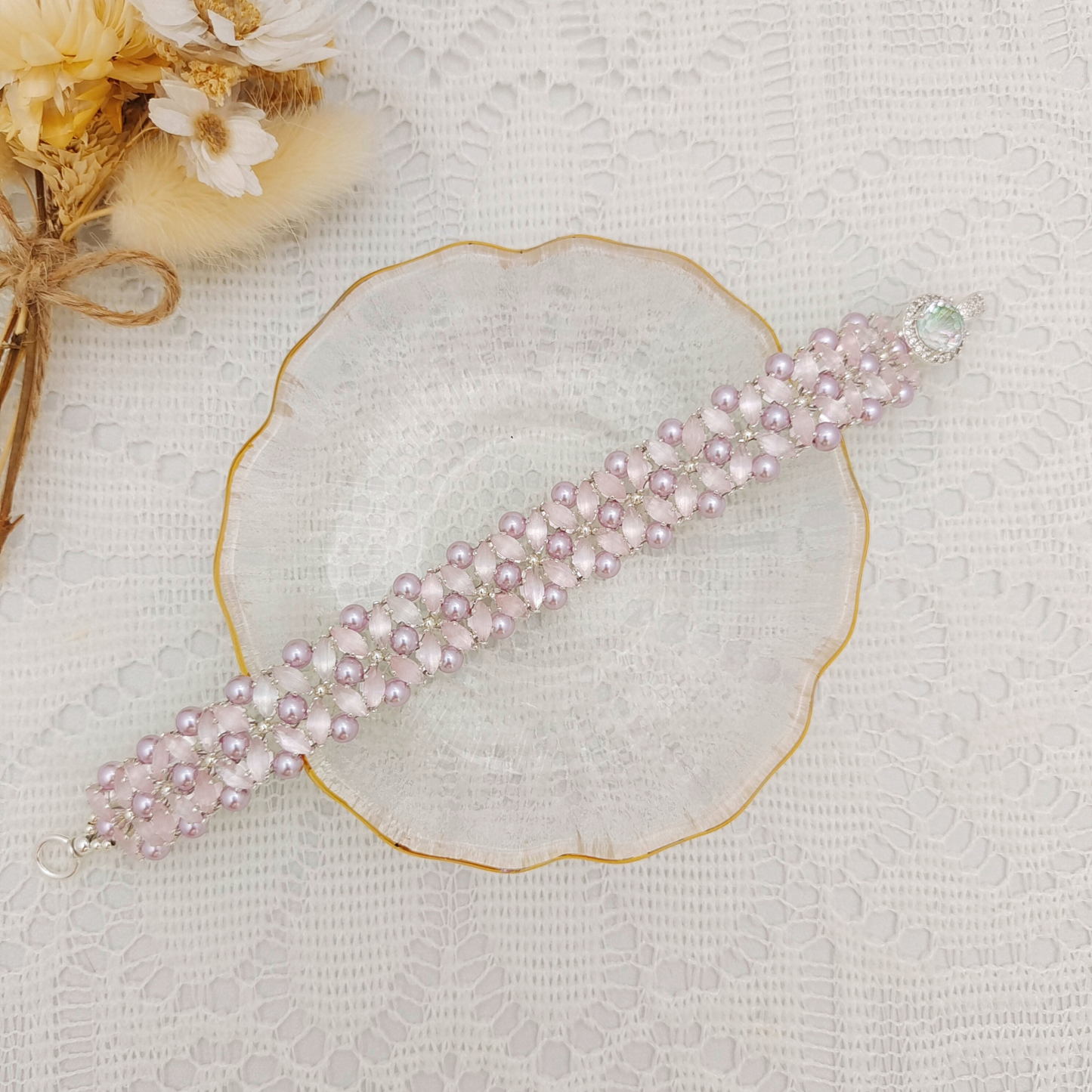 【No.99】DIY Bracelet Kit – Pink Fireworks with Lilac Pearls & Marquise Crystals | Full Tutorial Included
