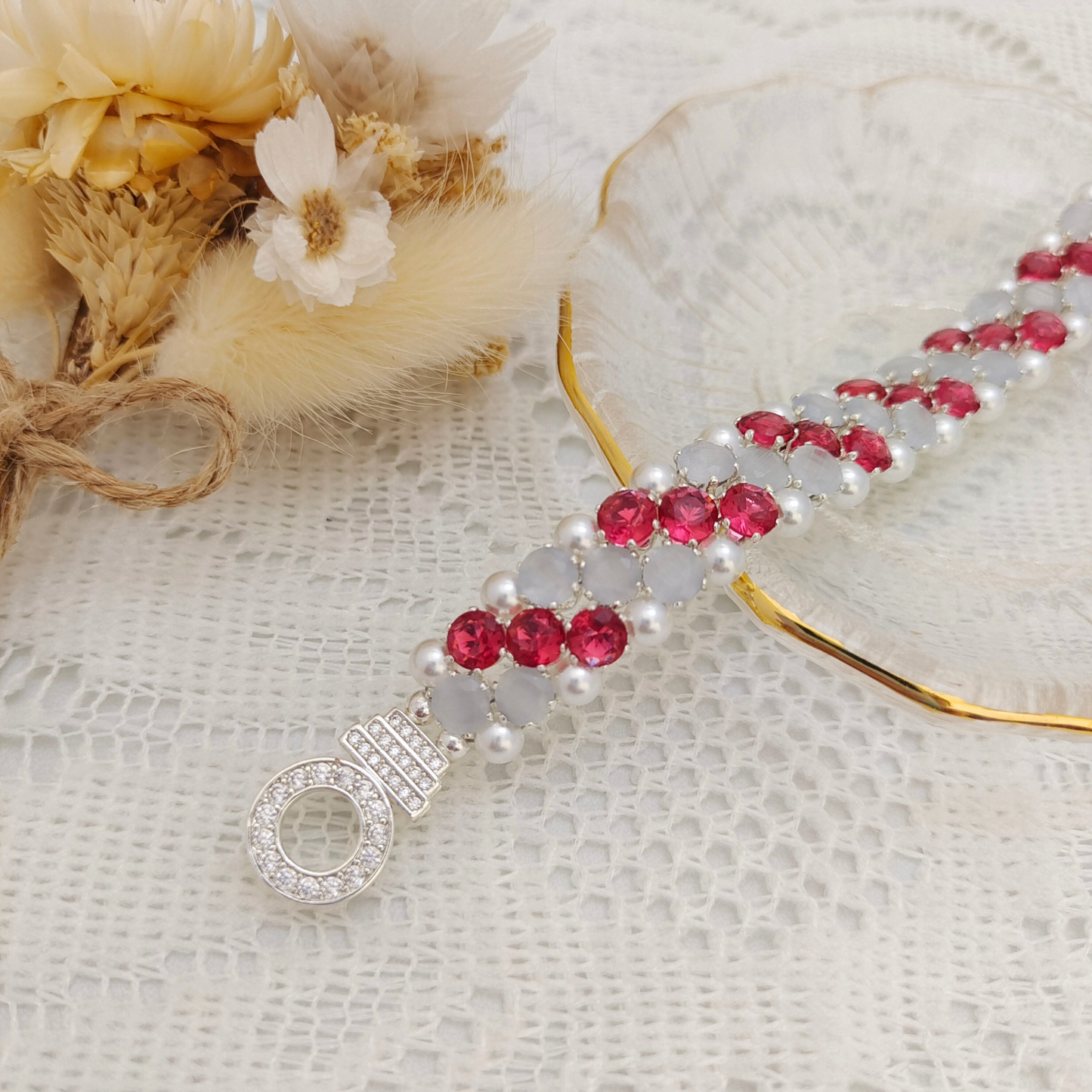 【No.90】Carnation Beaded Bracelet | Rose Red CZ & White Cat Eye with Pearls | Handmade Jewelry