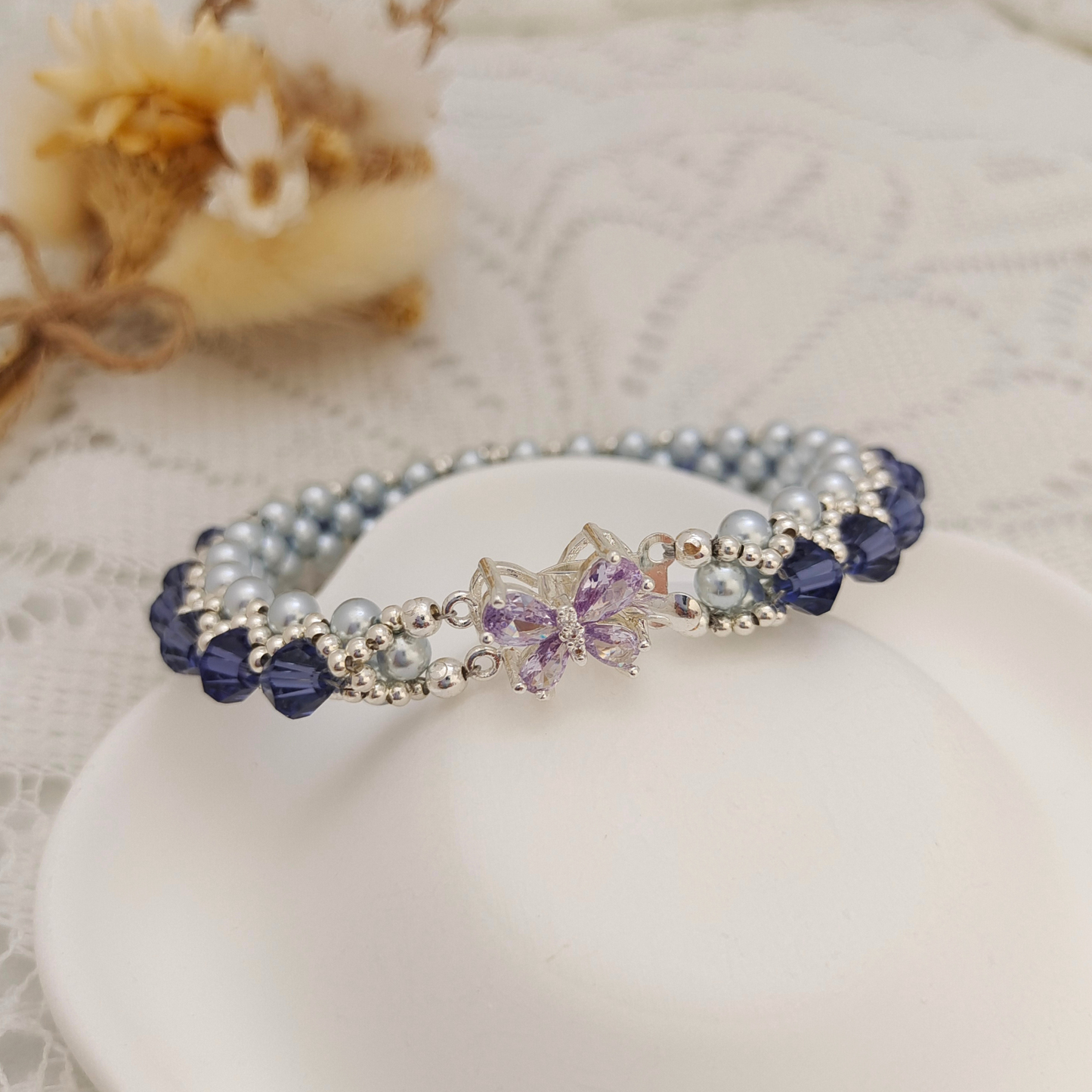 【No.91】Lotus Lilac Handmade Bracelet | Lavender Crystal & Blue Pearl Double-Strand Bracelet