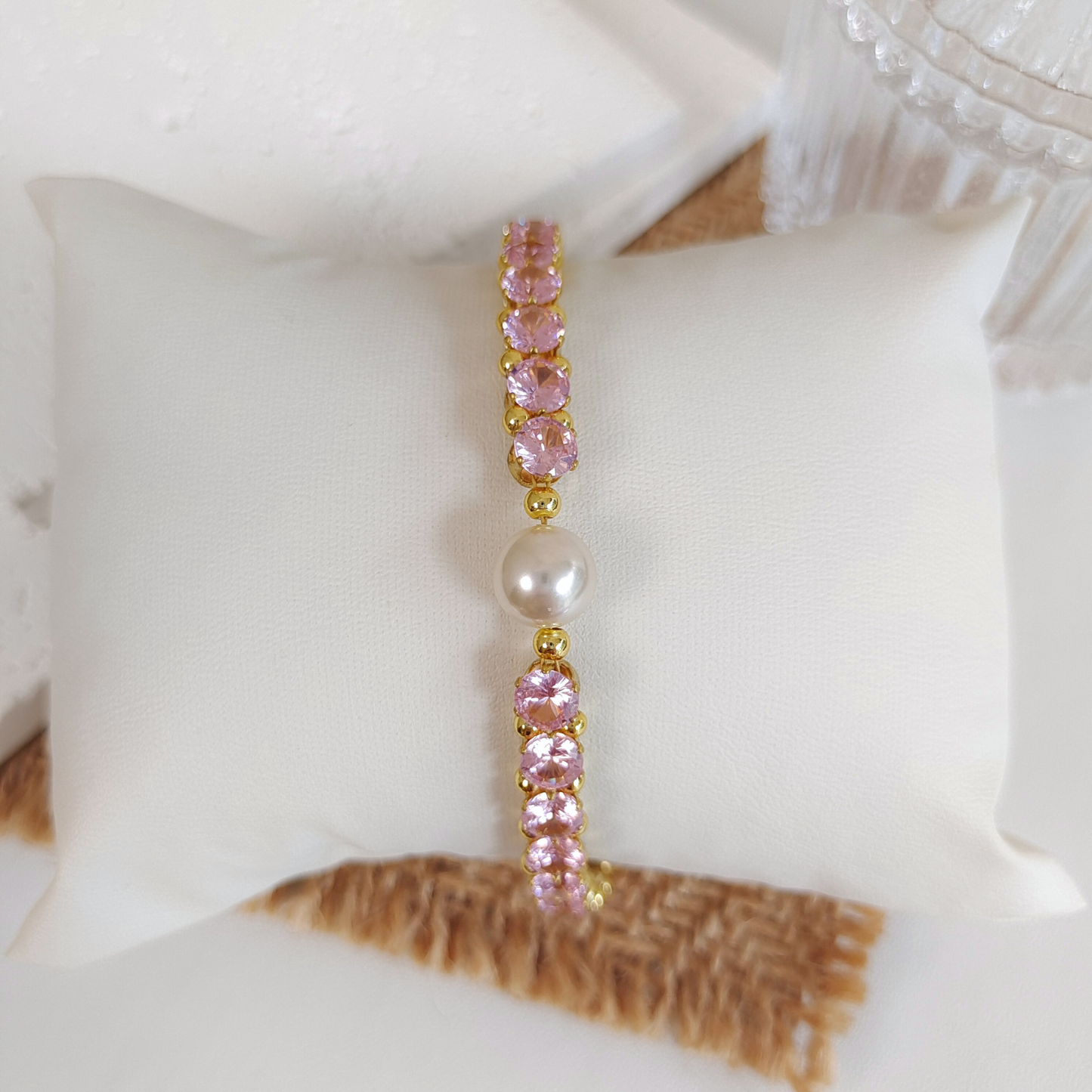 【No.47】 DIY Lady Pink Handmade Bracelet with Pink Zircon and Pearl – Gold Finish Beaded Jewelry Gift for Her