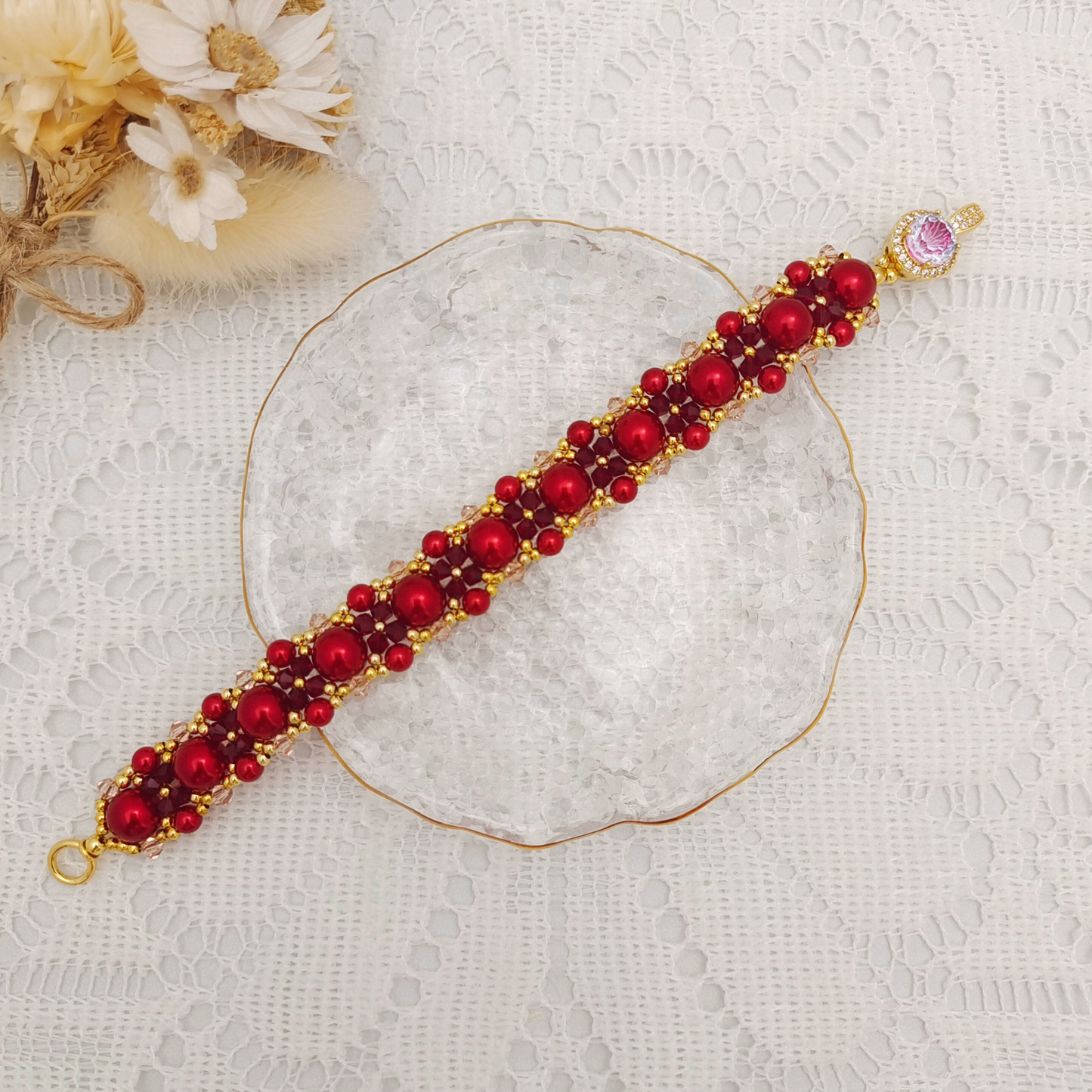 【No.101】Handmade Bracelet – “Passion” Red & Pink Crystal with Pearls | Elegant DIY Jewelry Design