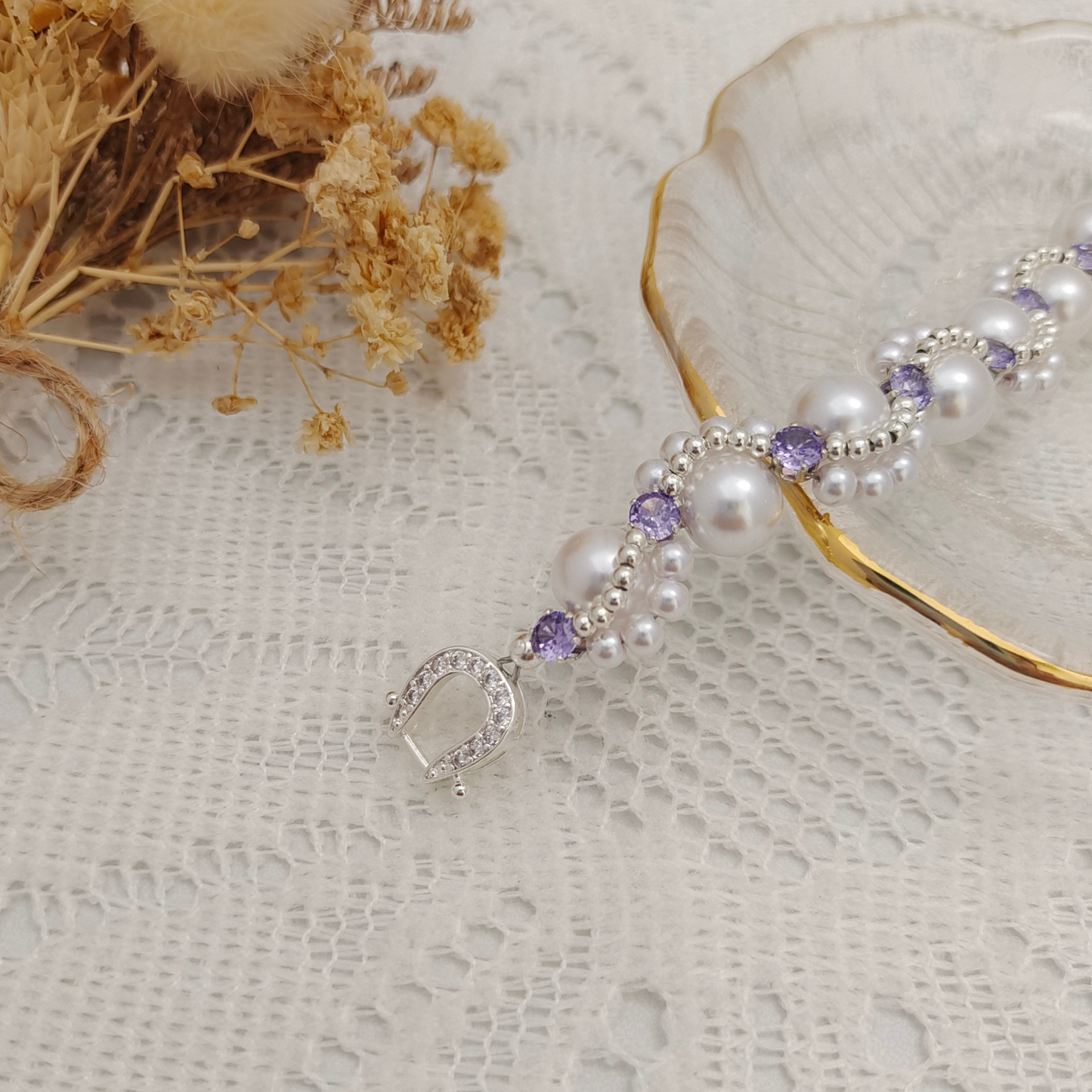 【No.87】Handmade Bracelet – Nebula with 8mm Pearls & CZ Beads | Celestial Style Jewelry