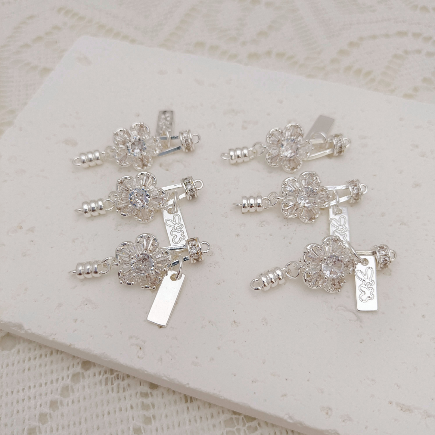 【B33】1PCS DIY Clasp – Plum Blossom Design with White Cubic Zirconia, Silver Plated, Non-Tarnish | Jewelry Making Supplies
