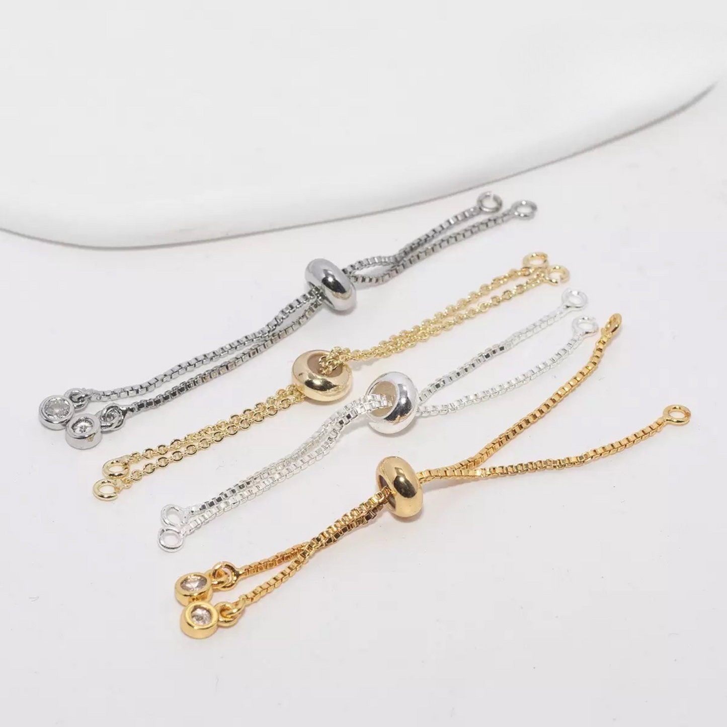 【B39】2PCS DIY Jewelry Findings – Adjustable Slider Beads, Gold/Silver/Steel/Black Plated Copper, Pull Chain Connector for Handmade Bracelets & Necklaces