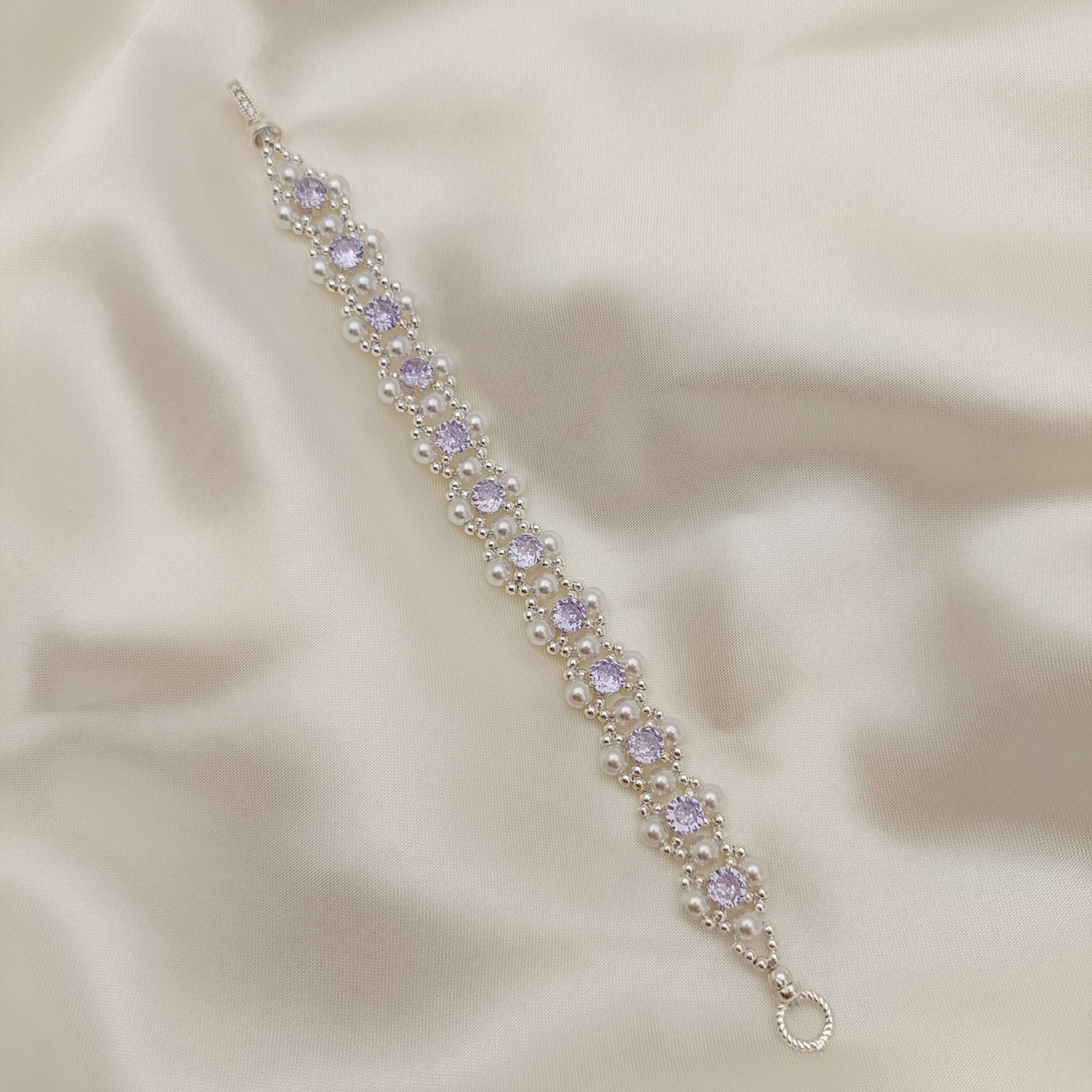 【No.62】 LilacPearl Handmade Bracelet – Purple CZ, Imitation Pearl, Silver Seed Beads DIY Jewelry Beaded Bracelet Gift for Her