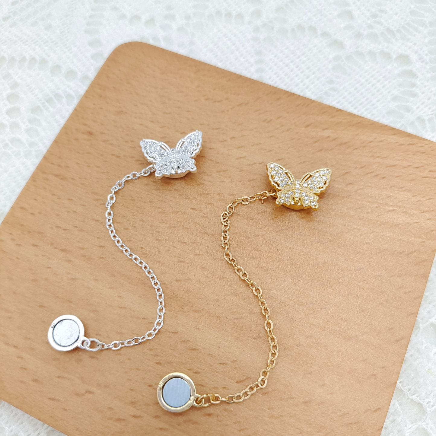 【B35】DIY Clasp – Full Zircon Dreamy Butterfly Magnetic Clasp with Safety Chain, 18K Gold/Thick Silver Plated, Tarnish Resistant, Jewelry Making Accessories