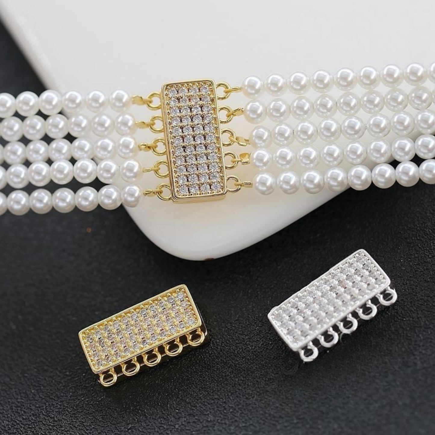 【B44】DIY Jewelry Clasp – 5-Hole Magnetic Box Clasp with Full Zircon | 18K Gold/Silver Plated High-Color Retention Copper Connector | Beading Accessories iFCraftorium