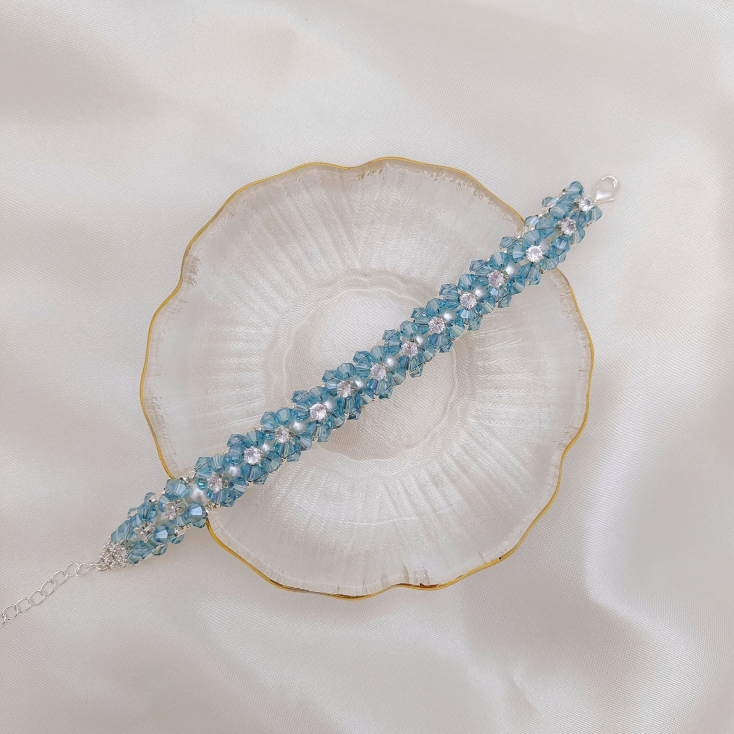 【No.123】Sunny Day Handmade Bracelet – Pearls, Diamond Beads & Cake Lobster Clasp