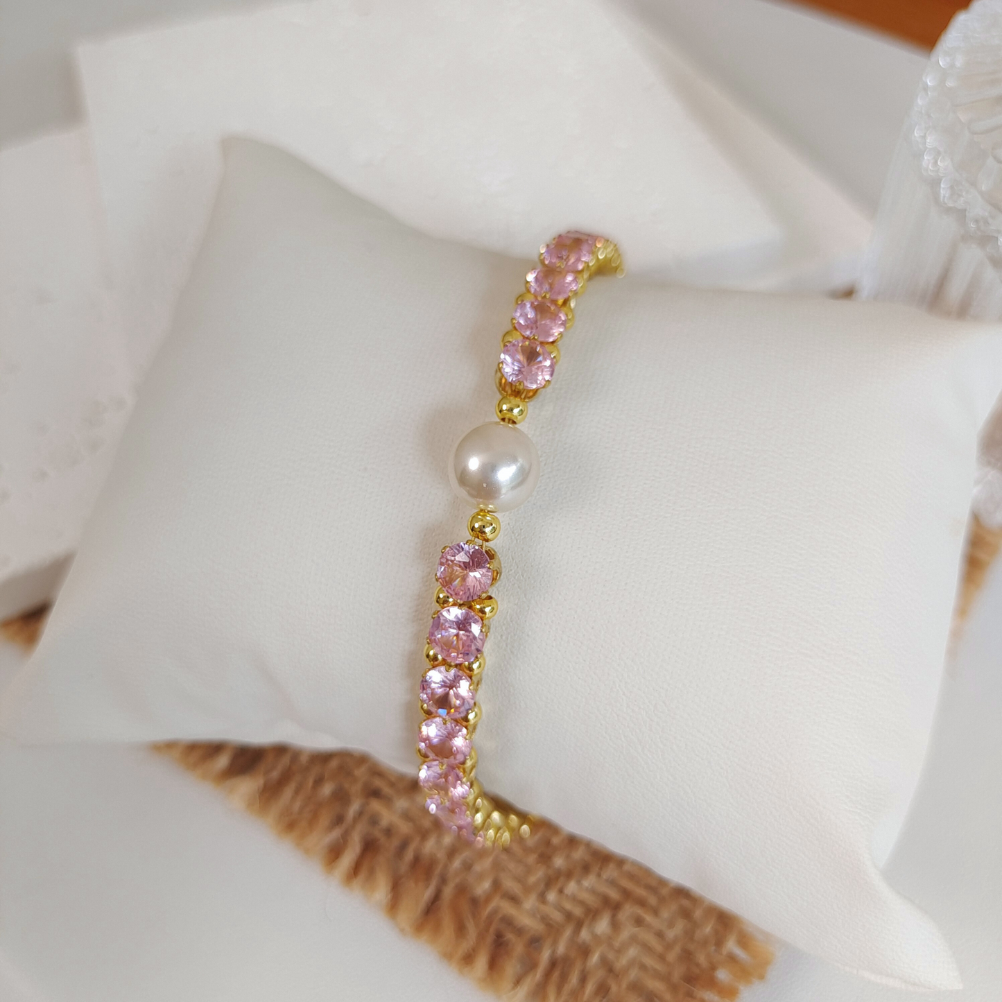 【No.47】 DIY Lady Pink Handmade Bracelet with Pink Zircon and Pearl – Gold Finish Beaded Jewelry Gift for Her