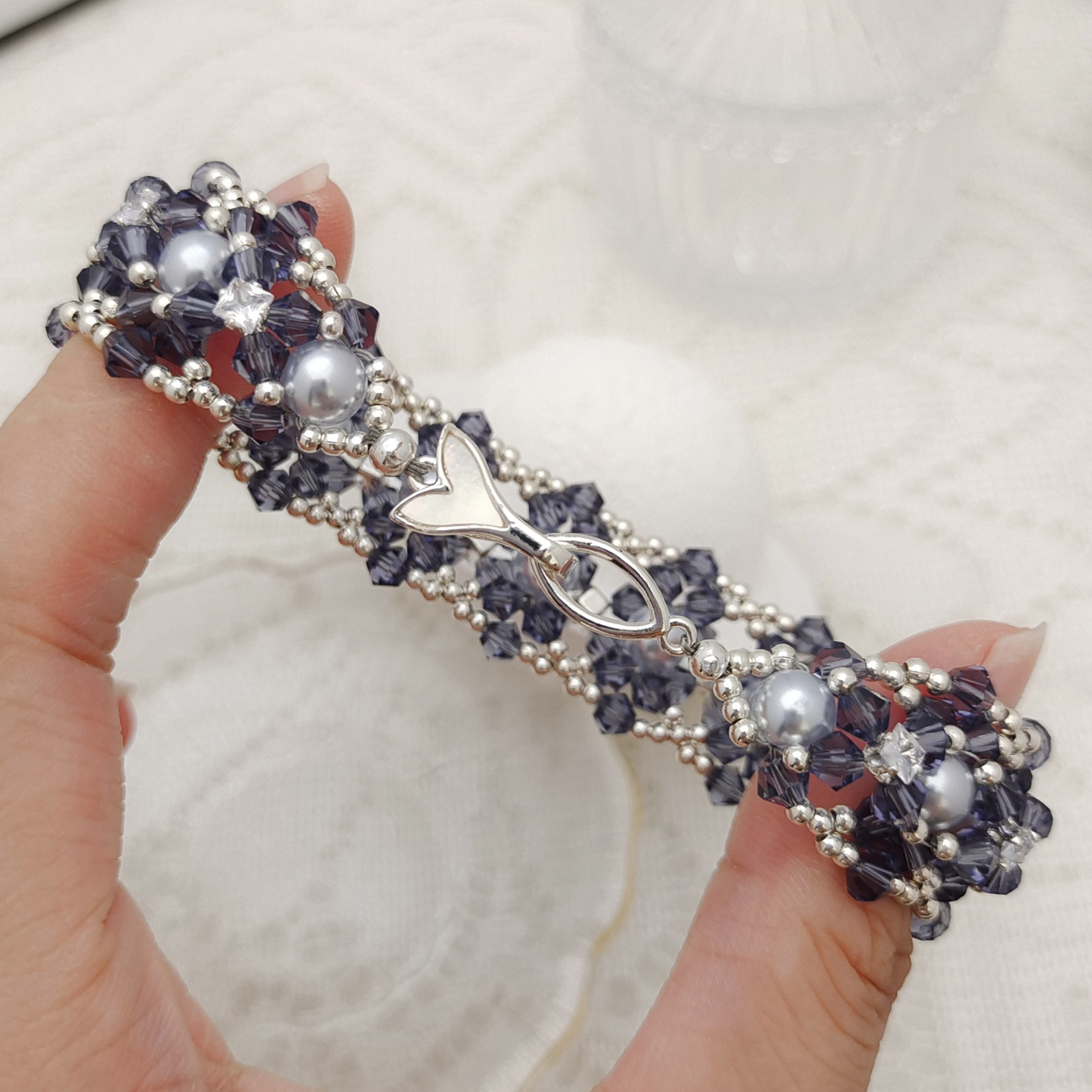 【No.118】DIY Handmade Bracelet | “Dance of the Mystic Lotus” with Pearls, CZ & Beads | Fish Tail Clasp Design