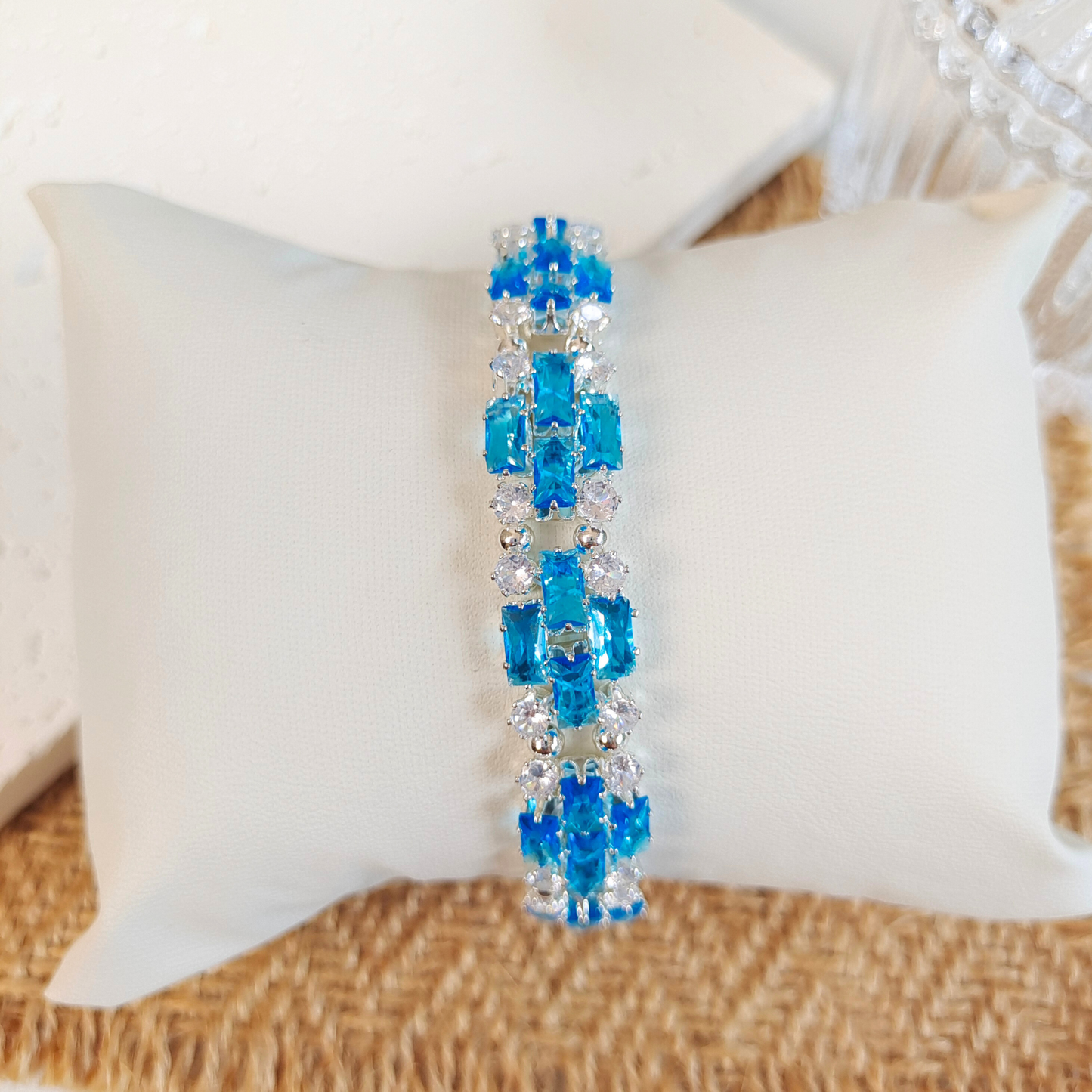 【No.38】 DIY Handmade Bracelet – Smurf Blue Baguette Zircon & Crystal Beaded Bracelet Gift for Her