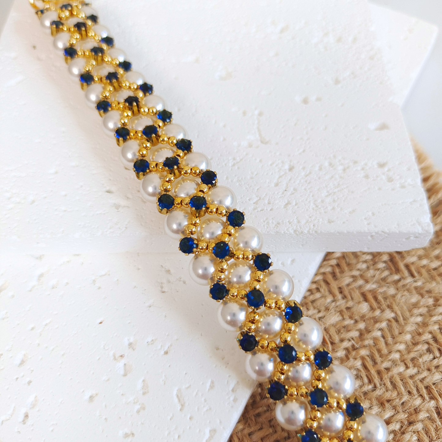【No.45】 Handmade Beaded Bracelet – Blue Phantom DIY Bracelet Design with Pearl & Gold Accents Beading Jewelry Gift for Her