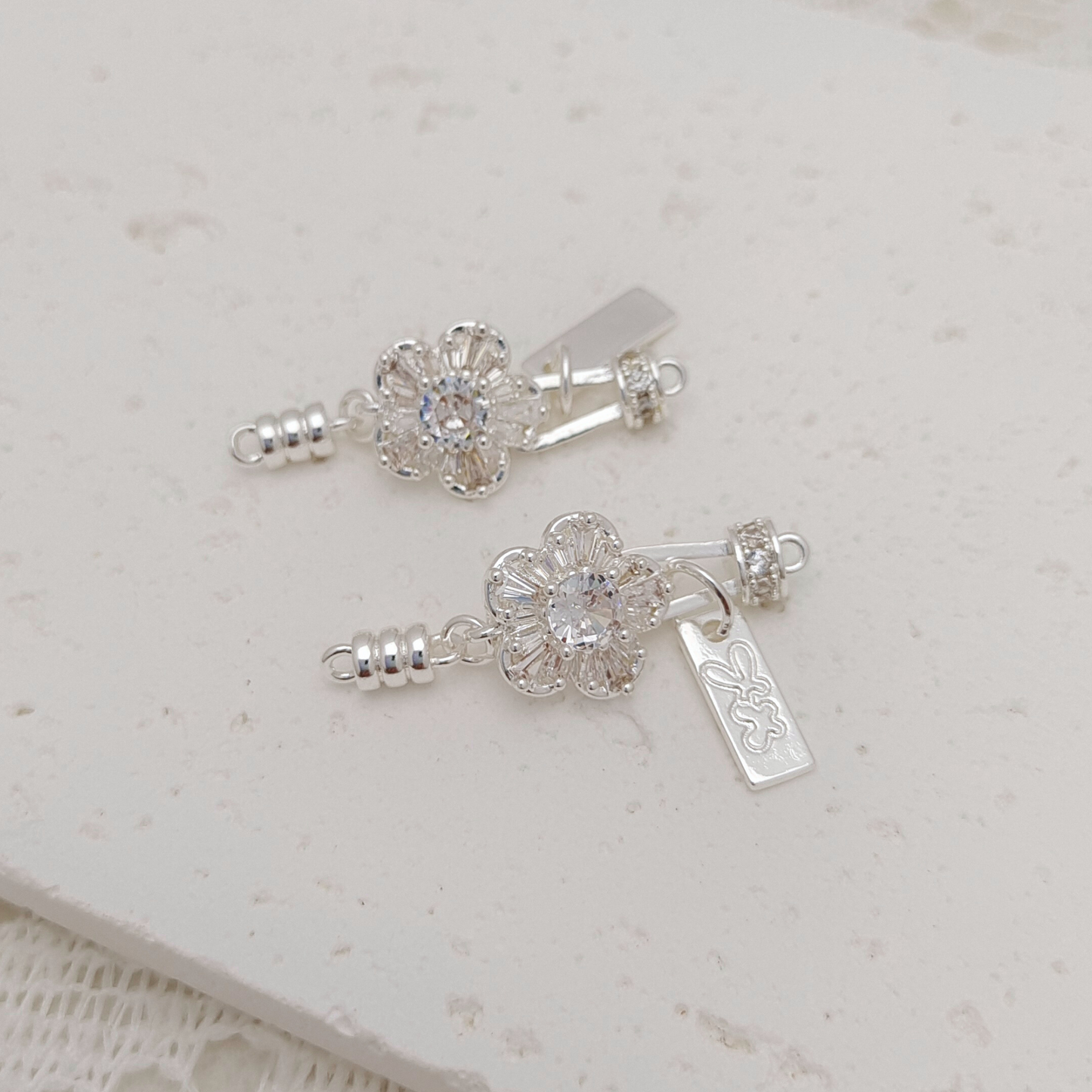 【B33】1PCS DIY Clasp – Plum Blossom Design with White Cubic Zirconia, Silver Plated, Non-Tarnish | Jewelry Making Supplies