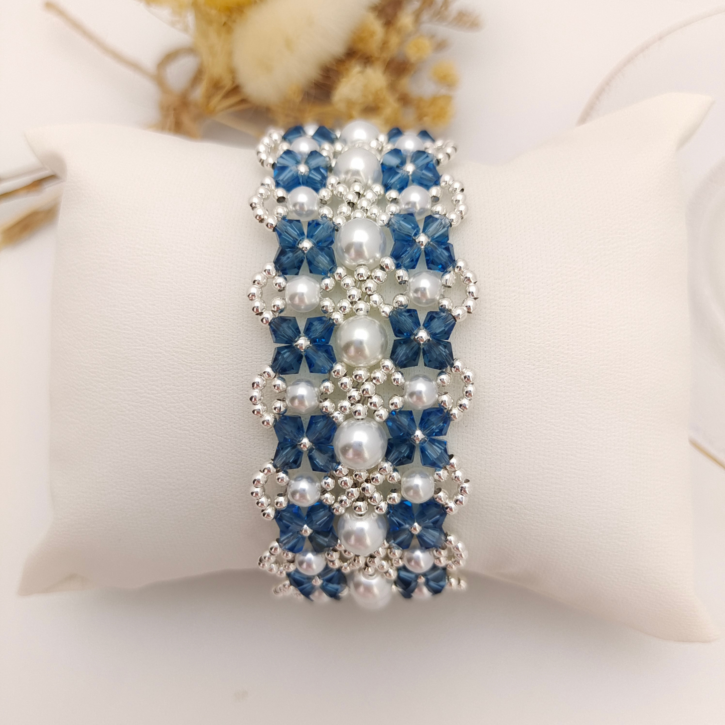 【No.83】 Handmade Bracelet – French Lace Triple-Strand Design with Pearls & Diamond Crystal Beads DIY Jewelry