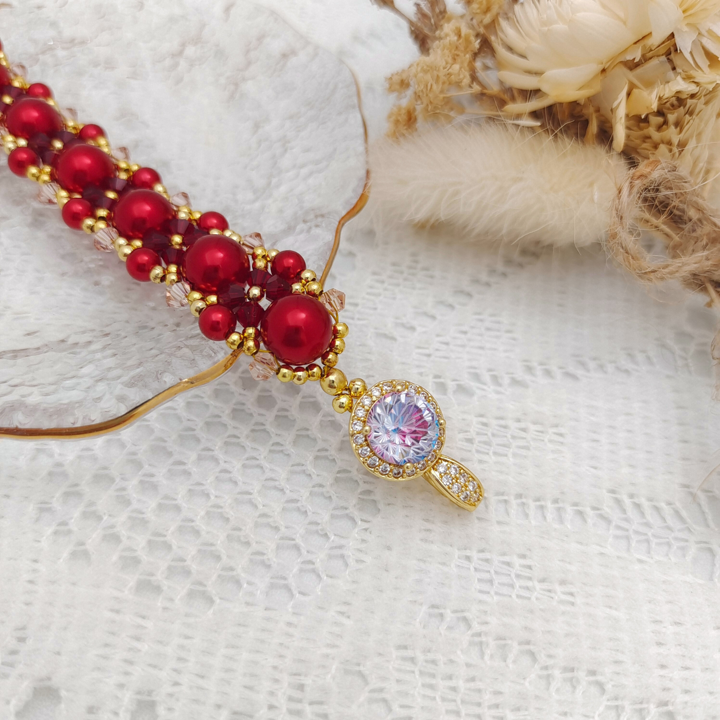 【No.101】Handmade Bracelet – “Passion” Red & Pink Crystal with Pearls | Elegant DIY Jewelry Design