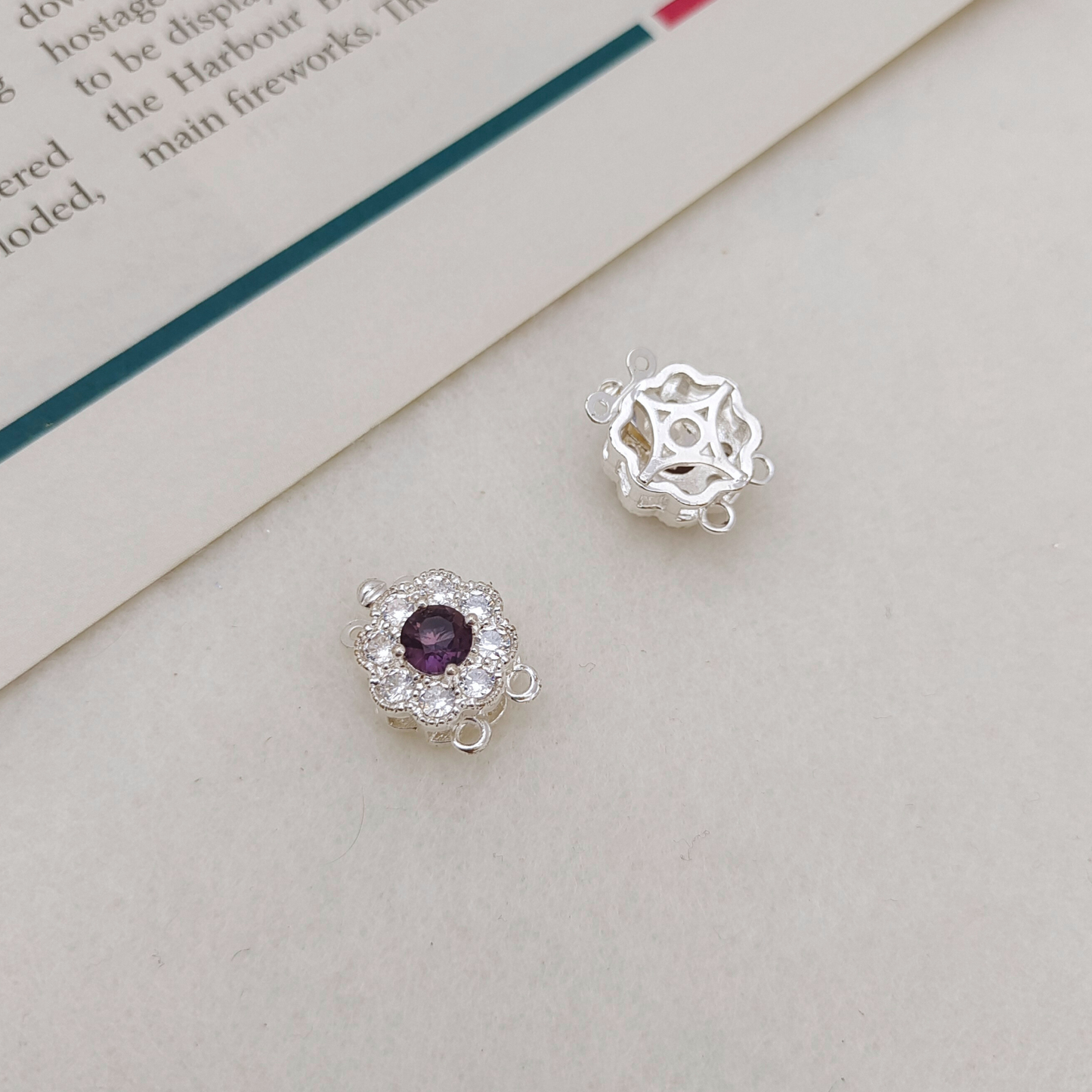 【B36】1PCS DIY Clasp – Purple Zircon Flower Insert Clasp, Thick Silver Plated, Tarnish Resistant Jewelry Making Accessories