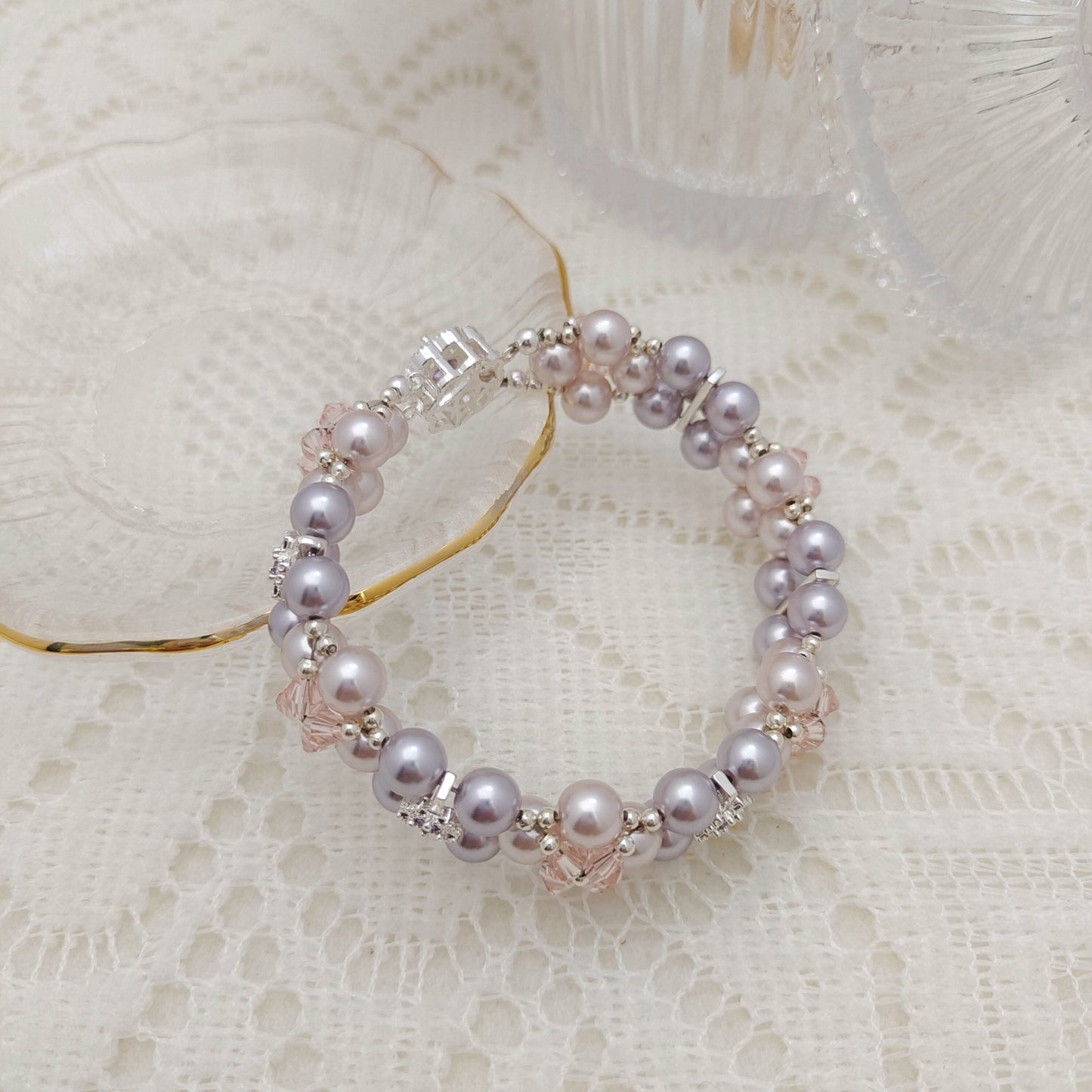 【No.128】DIY Bracelet Kit – Taro Milk Tea Design | Pearl, Diamond Beads & Zircon Clasp | Full Tutorial Included