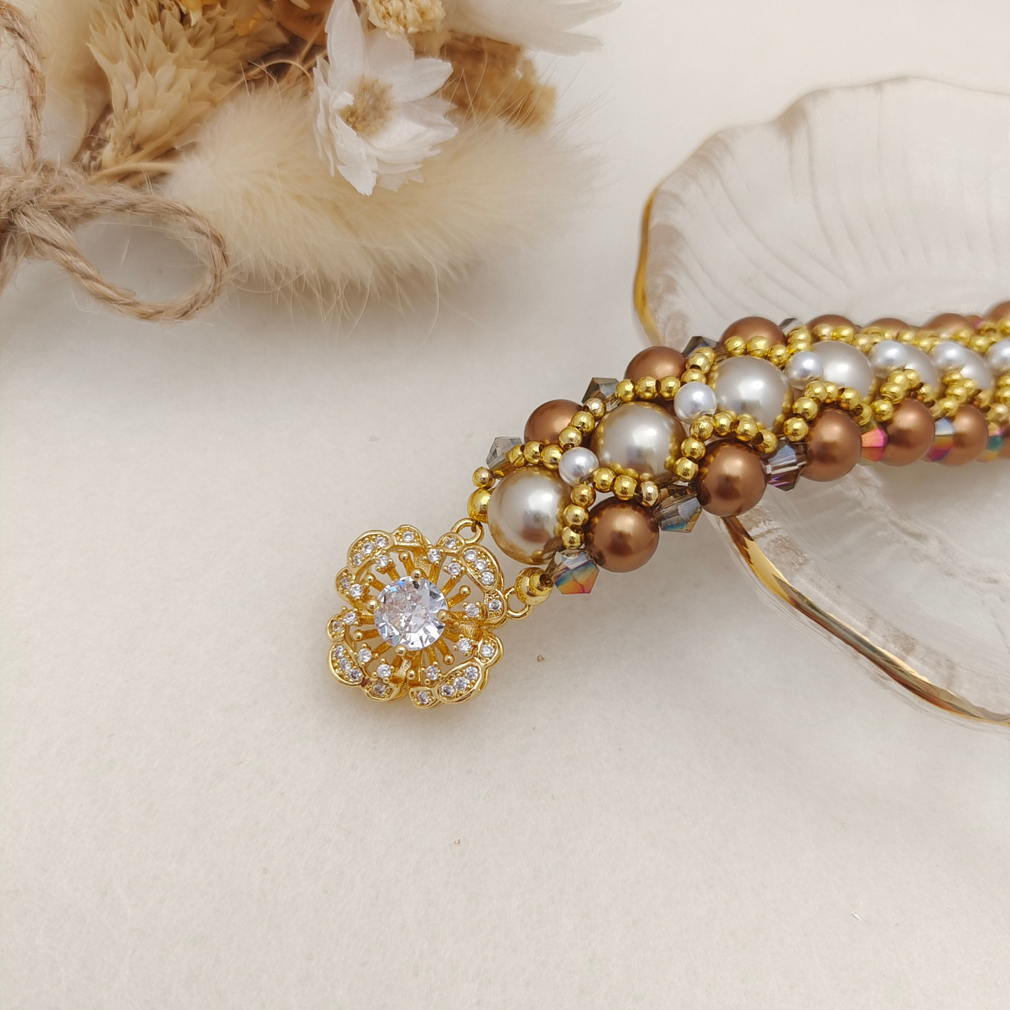 【No.110】Handmade Bracelet – Camellia Bloom | Pearls & Crystal Beads with Double-Row Camellia Clasp