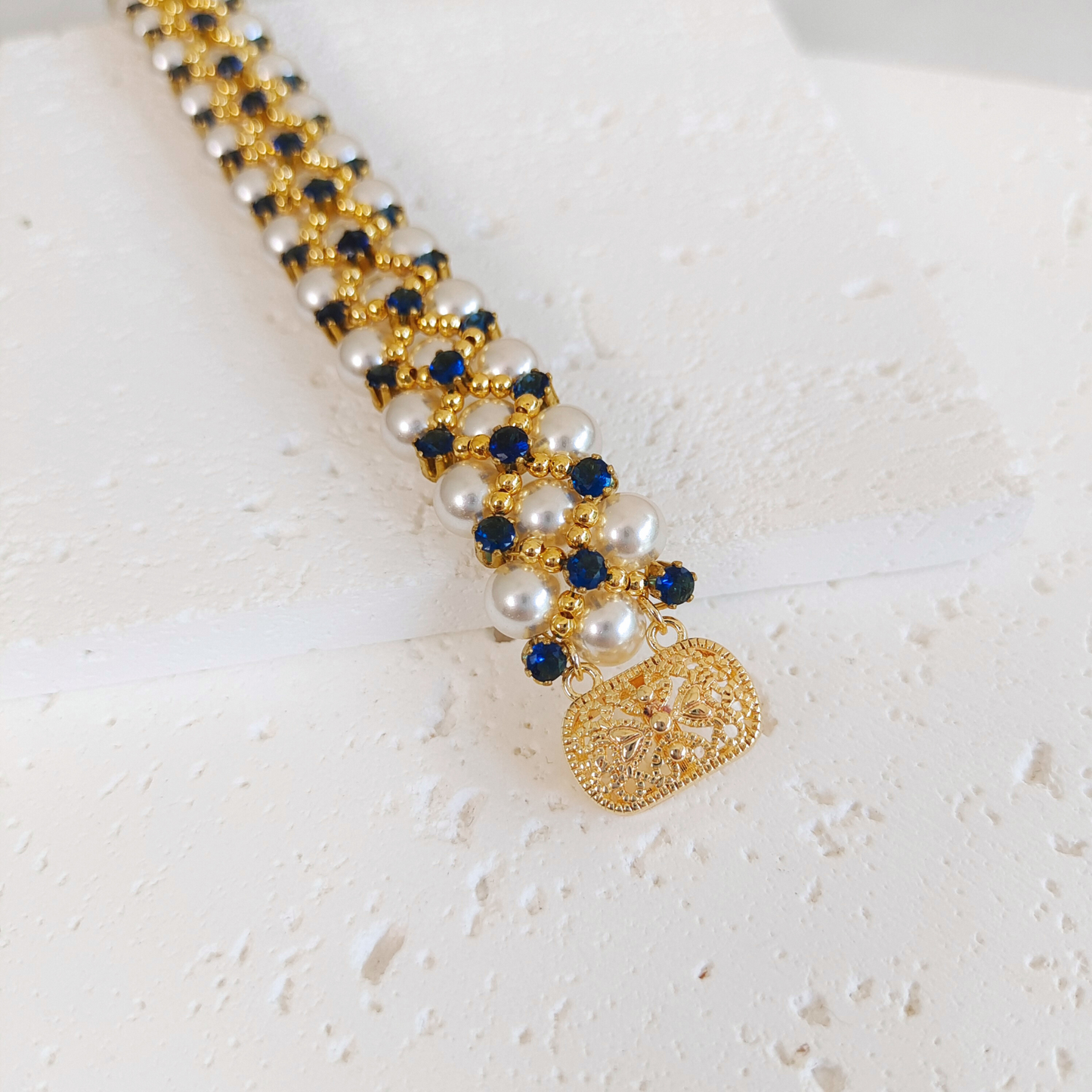 【No.45】 Handmade Beaded Bracelet – Blue Phantom DIY Bracelet Design with Pearl & Gold Accents Beading Jewelry Gift for Her