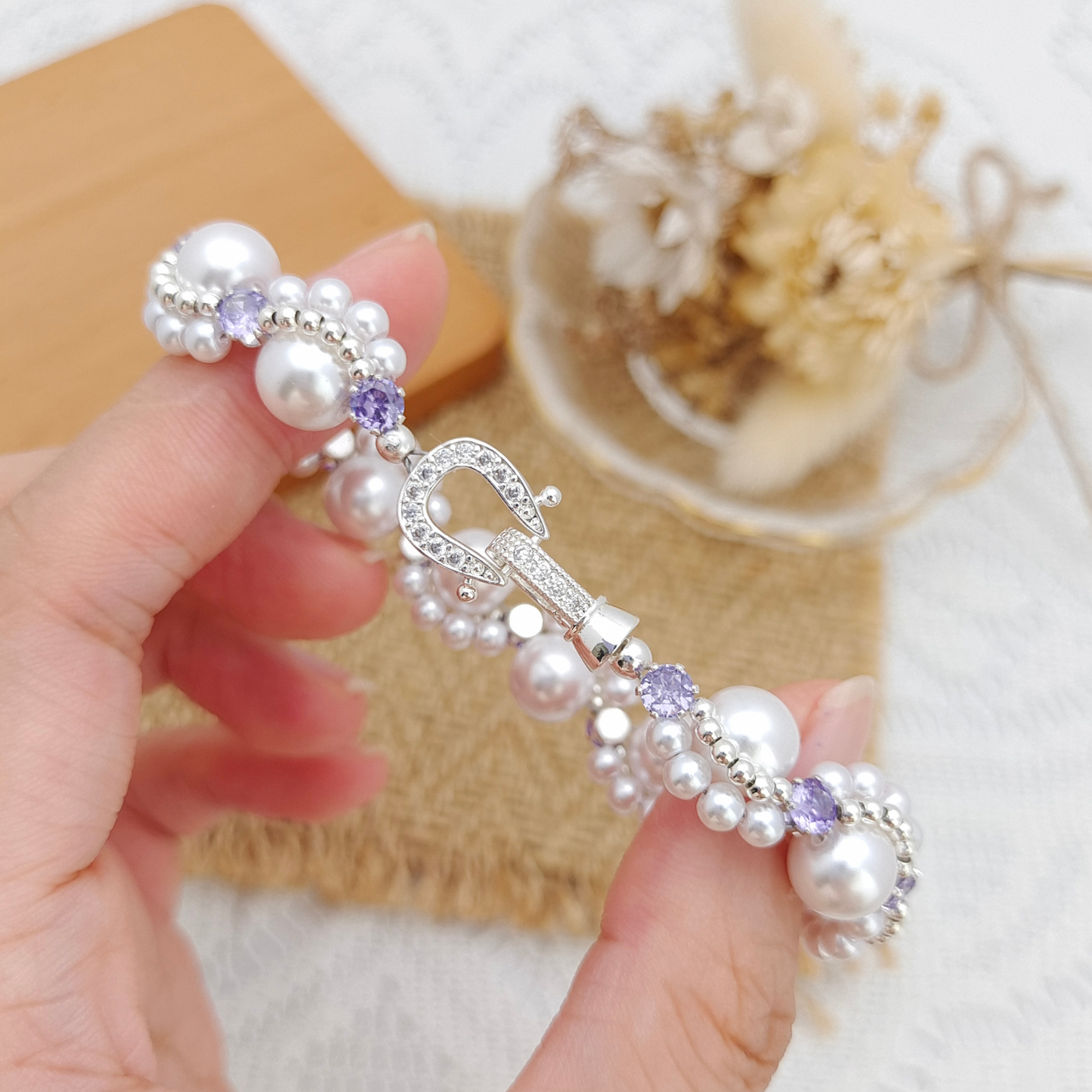 【No.87】Handmade Bracelet – Nebula with 8mm Pearls & CZ Beads | Celestial Style Jewelry