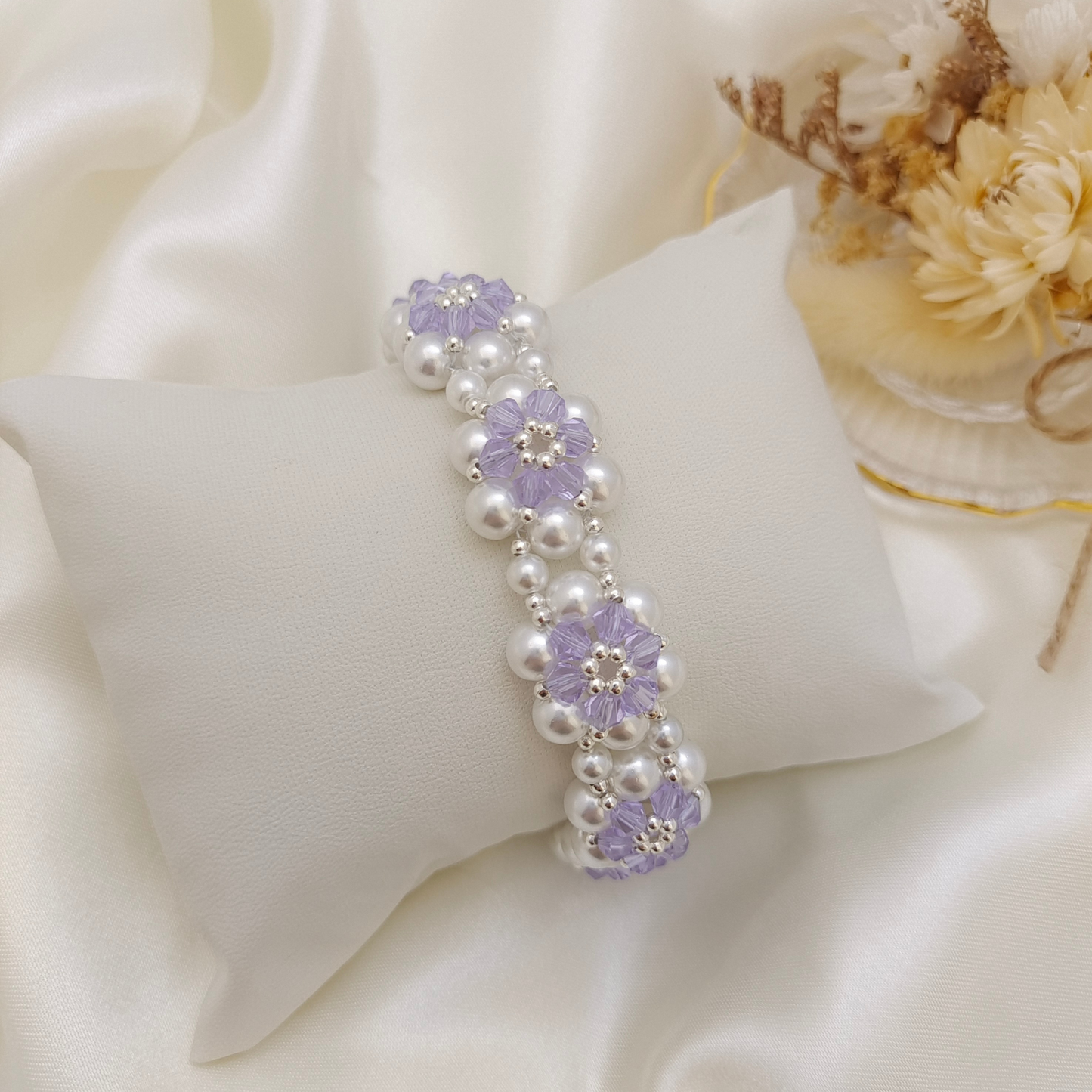 【No.80】 Handmade Bracelet – Sunflower Design with Pearls, Crystals & Teardrop CZ Clasp DIY Jewelry Gift for Her iFCraftorium