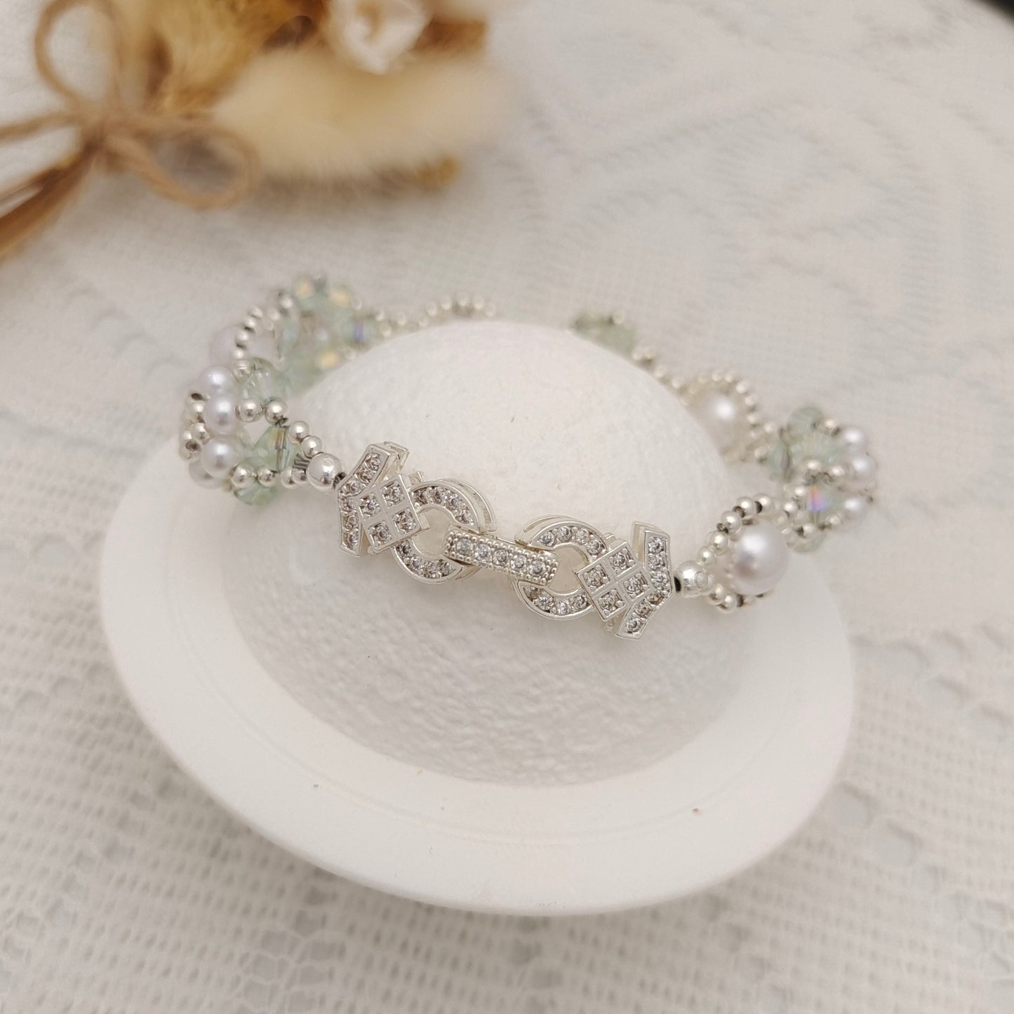 【No.105】Handmade Bracelet – Mini Sunflower | Pearls, Diamond Beads & Clover Clasp