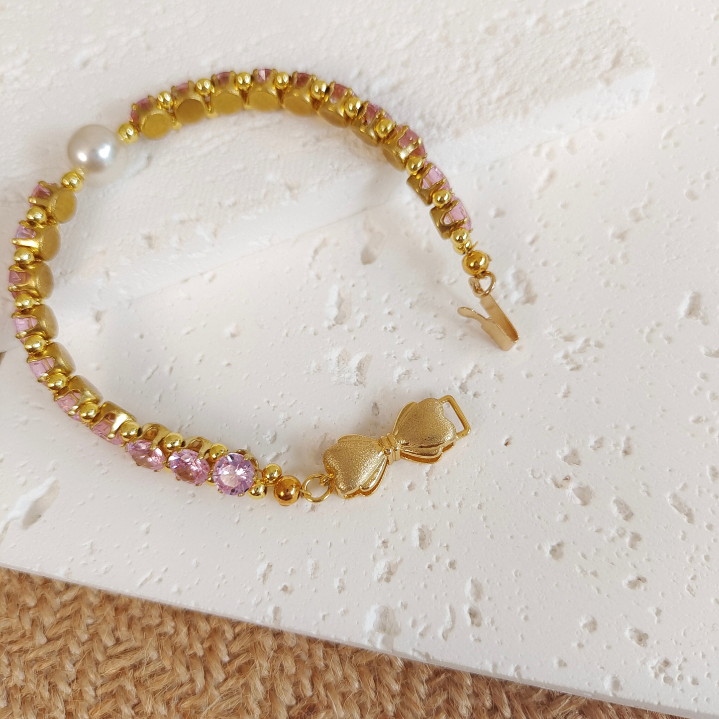 【No.47】 Lady Pink DIY Bracelet Craft Kit with Pink Zircon and Pearl Handmade Jewelry – Gold Bow Clasp