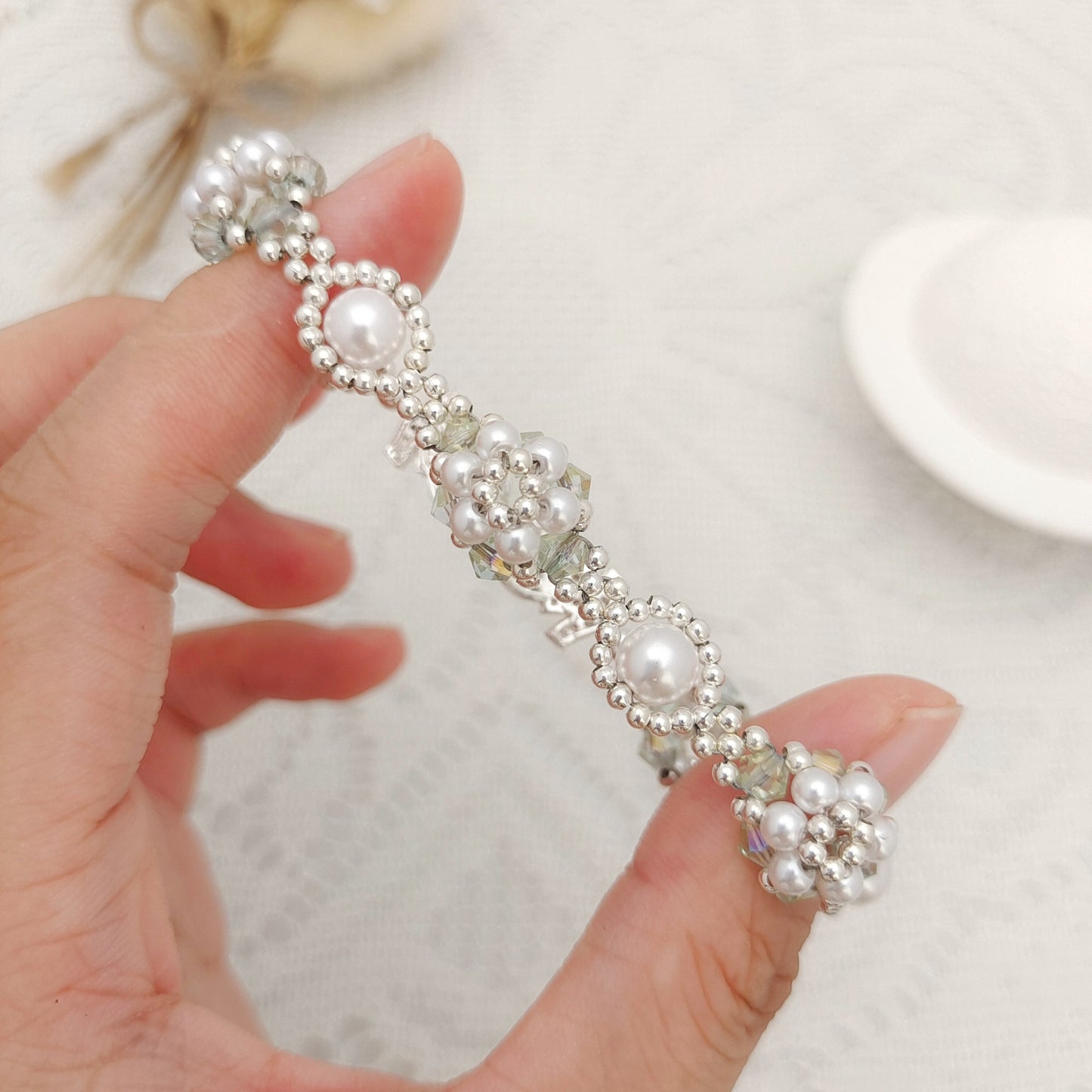 【No.105】Handmade Bracelet – Mini Sunflower | Pearls, Diamond Beads & Clover Clasp