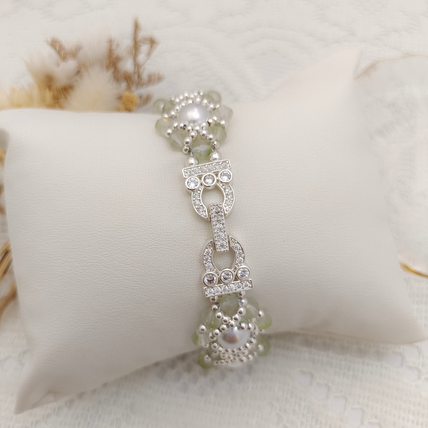 【No.85】 Handmade Bracelet – Summer Succulent with Pearls & Diamond Beads DIY Jewelry Craft Bracelet Gift for Her