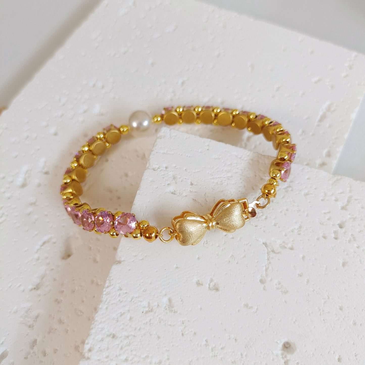 【No.47】 DIY Lady Pink Handmade Bracelet with Pink Zircon and Pearl – Gold Finish Beaded Jewelry Gift for Her