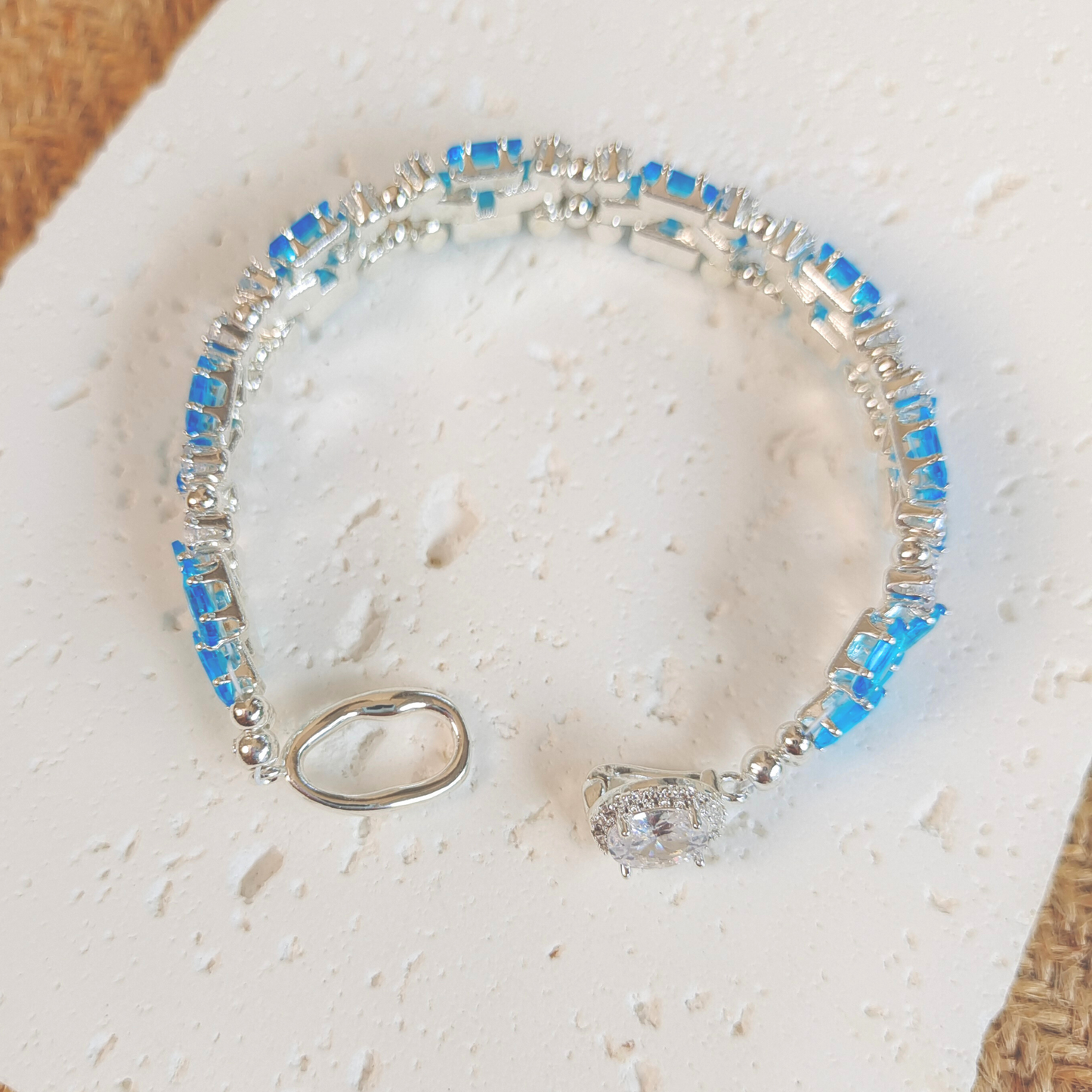 【No.38】 DIY Handmade Bracelet – Smurf Blue Baguette Zircon & Crystal Beaded Bracelet Gift for Her