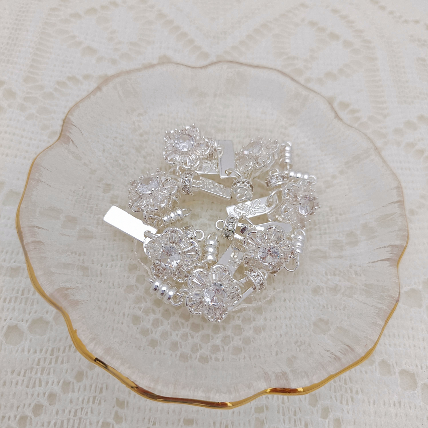 【B33】1PCS DIY Clasp – Plum Blossom Design with White Cubic Zirconia, Silver Plated, Non-Tarnish | Jewelry Making Supplies
