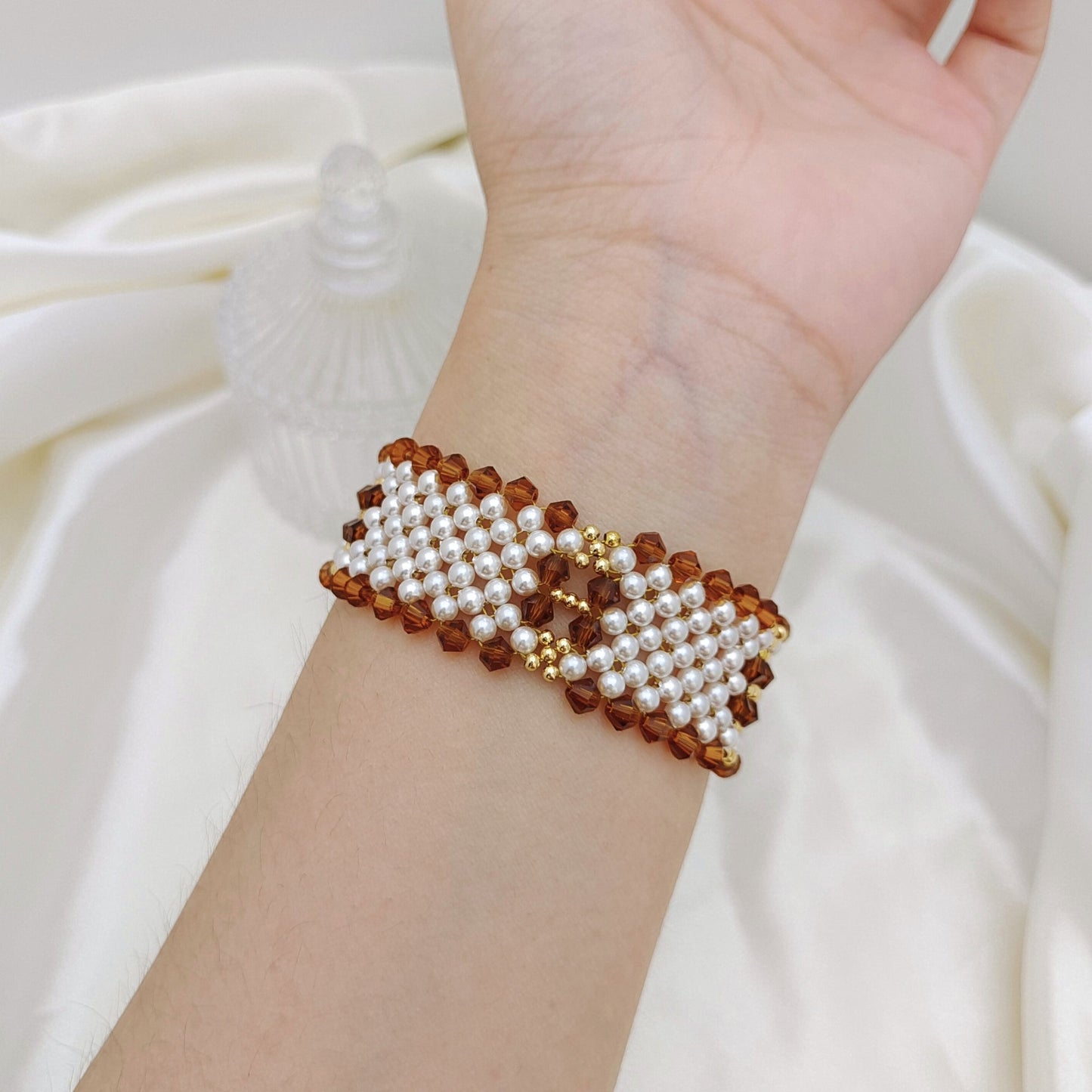 【No.132】DIY Bracelet Kit – “Chanel Style Plus” Beading Set | 3mm Pearls, 4mm Rhombus Beads, 6-Hole Clasp | Complete Tutorial Included iFCraftorium